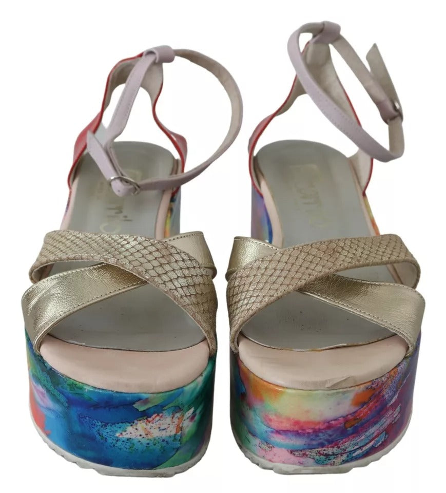 Multicolor Leather Ankle Strap Wedge Heel Sandals Shoes