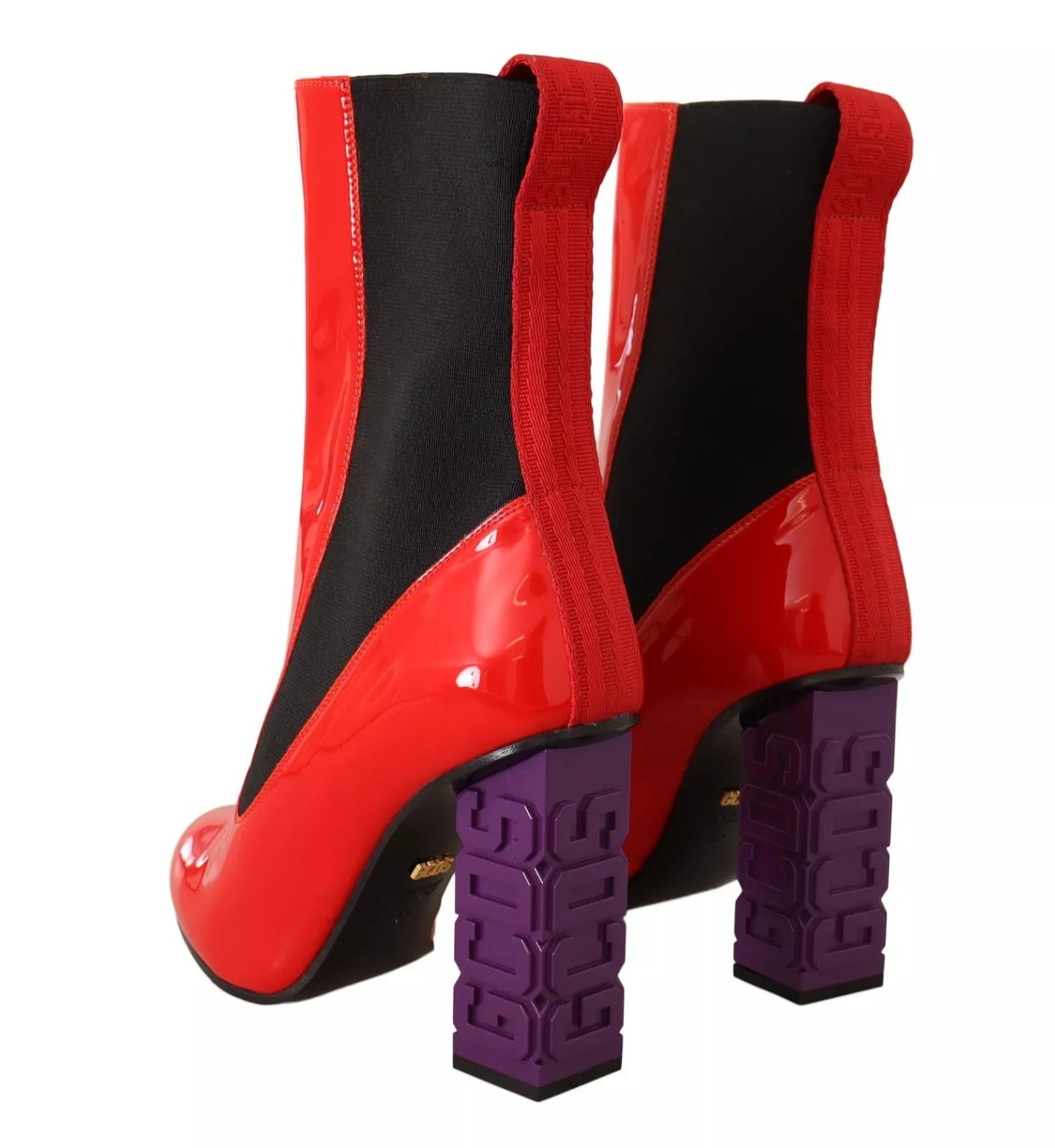 Red Leather Black Fabric Logo Heel Ankle Boots Shoes