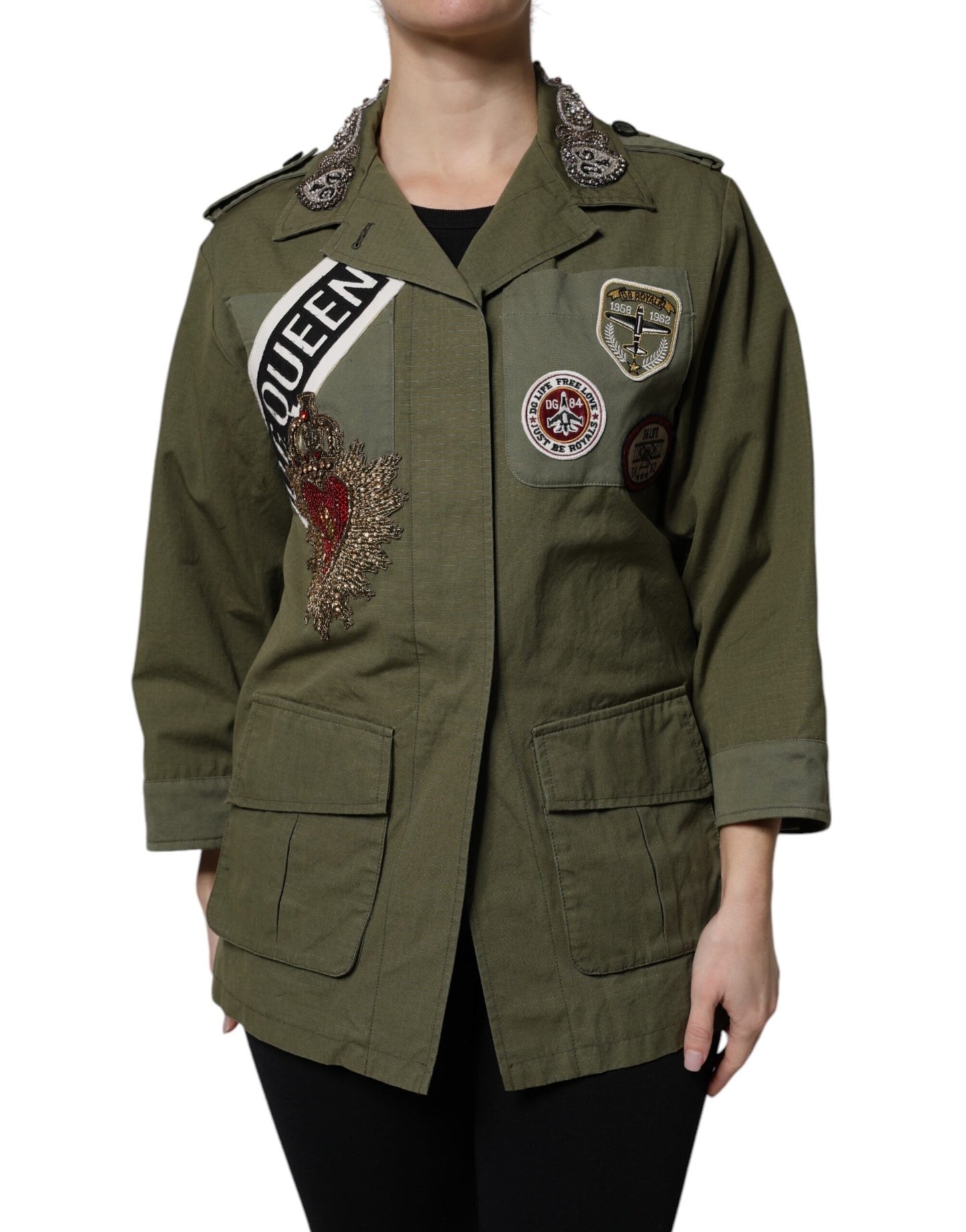 Military Green Queen Embellished Coat Jacket