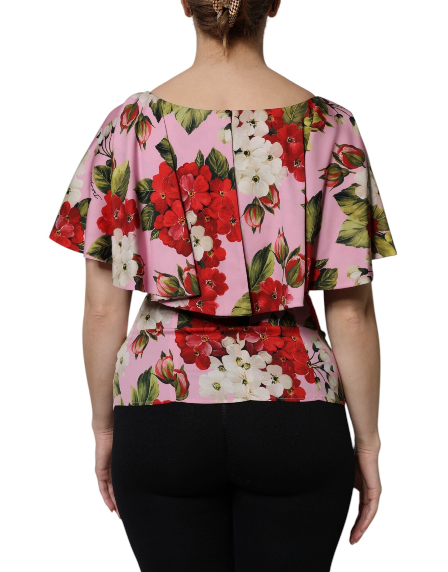 Pink Floral Silk Short Sleeves Blouse Top