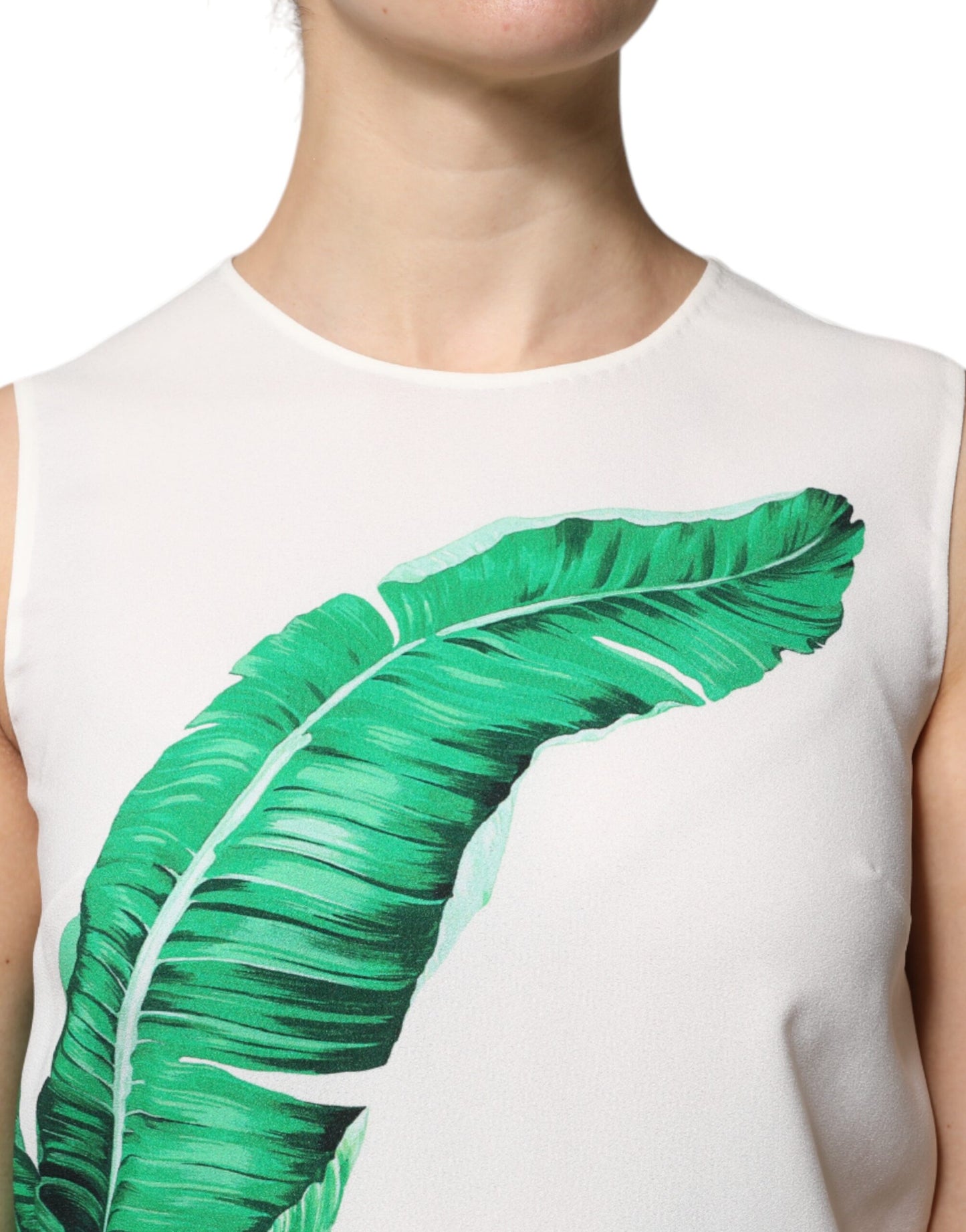 White Banana Leaf Print Round Neck Tank Top