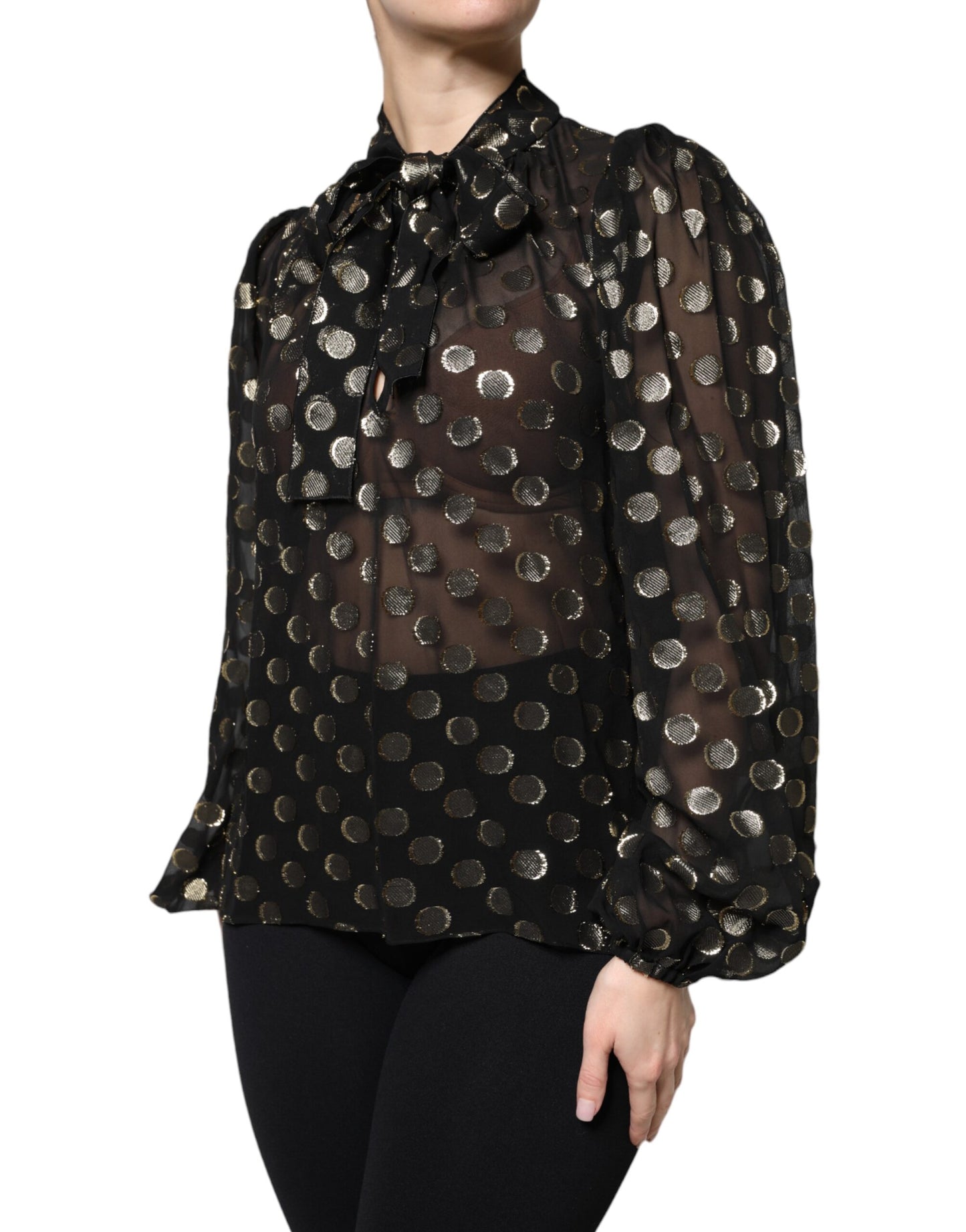 Black Sheer Tied Neck Polka Dots Blouse Top