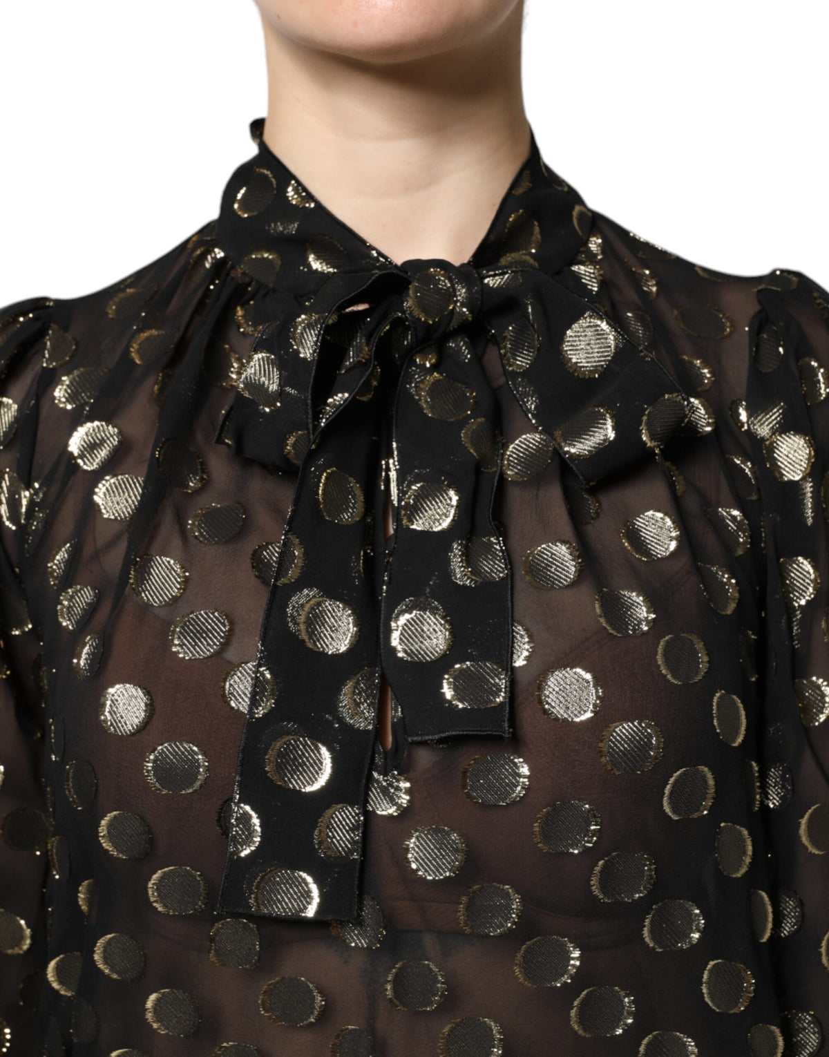 Black Sheer Tied Neck Polka Dots Blouse Top