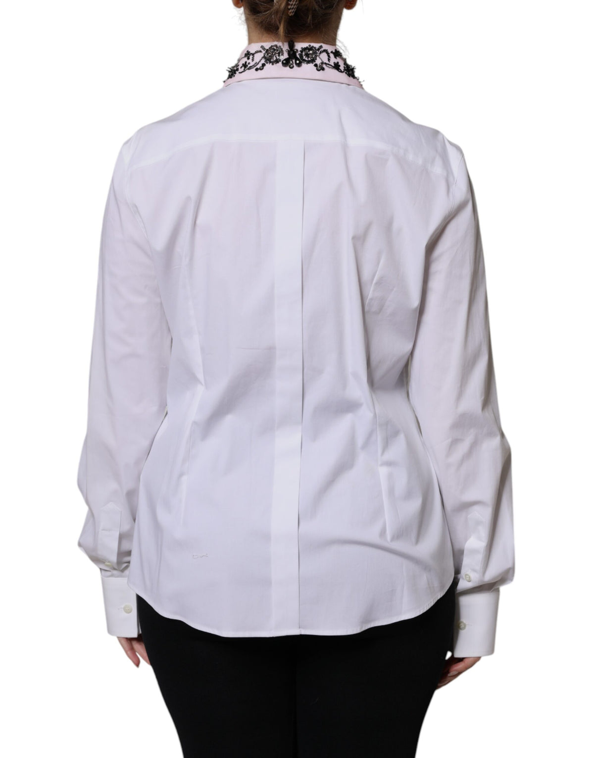 White Embellished Collared Dress Shirt Top