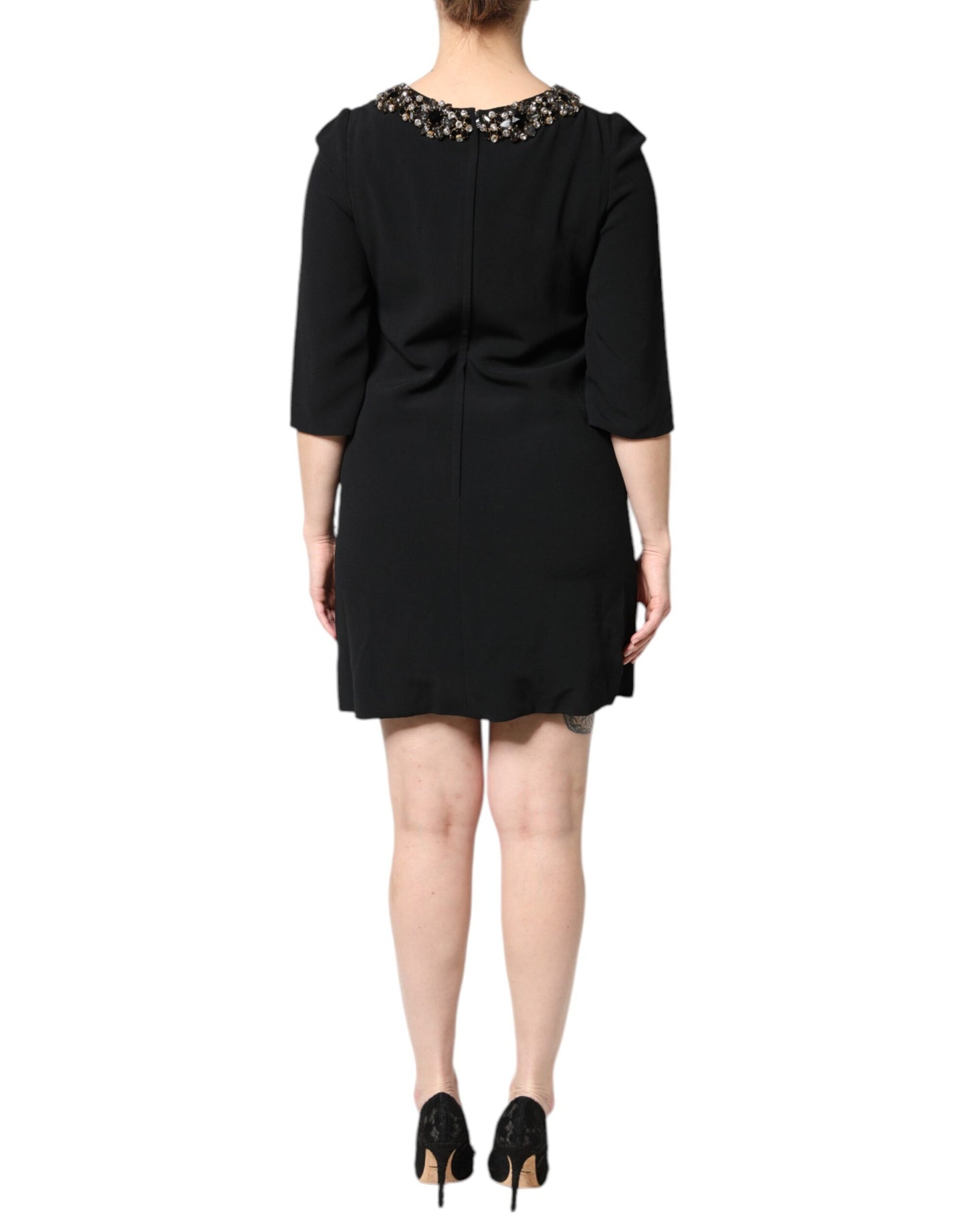 Black Crystal Embellished Round Neck Mini Dress