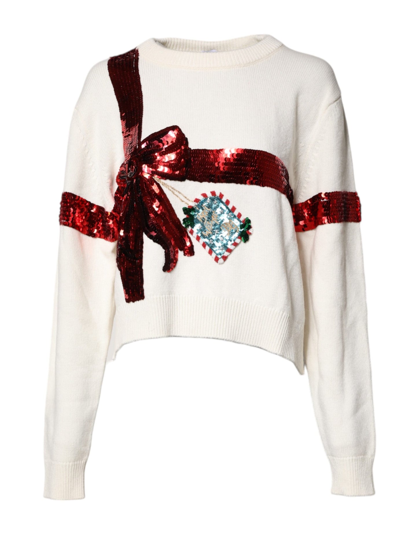 White Sequined Crew Neck Pullover Sweater