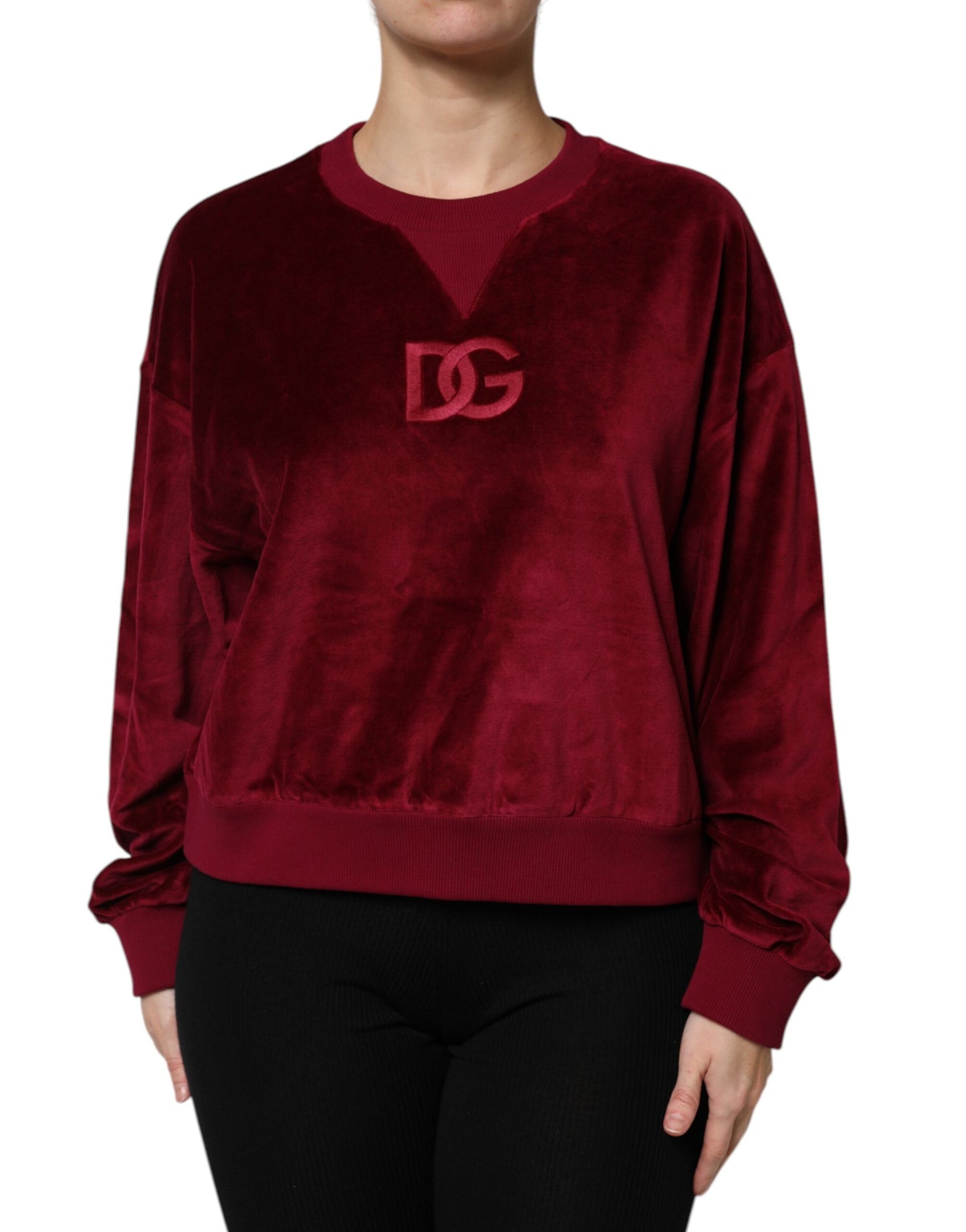 Red Cotton Velvet Crew Neck Pullover Sweater