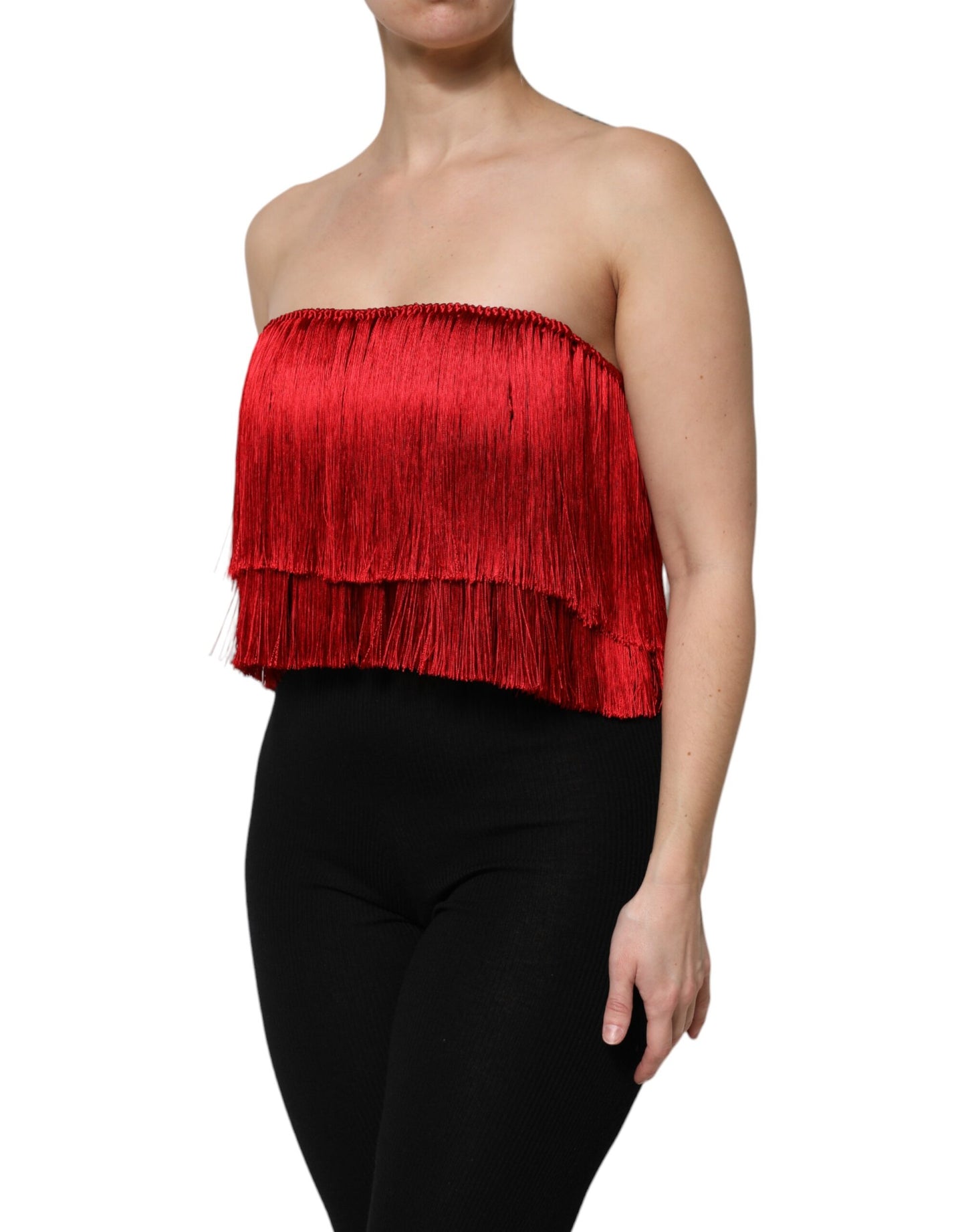 Red Silk Strapless Fringe Crop Tube Top