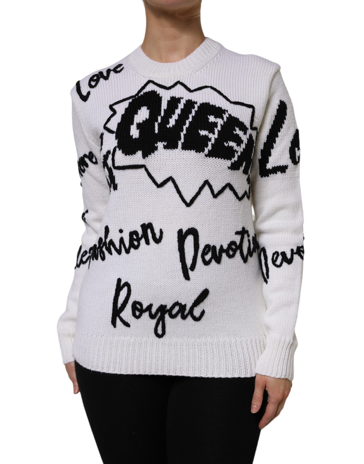 White Wool Knit Crew Neck Pullover Sweater