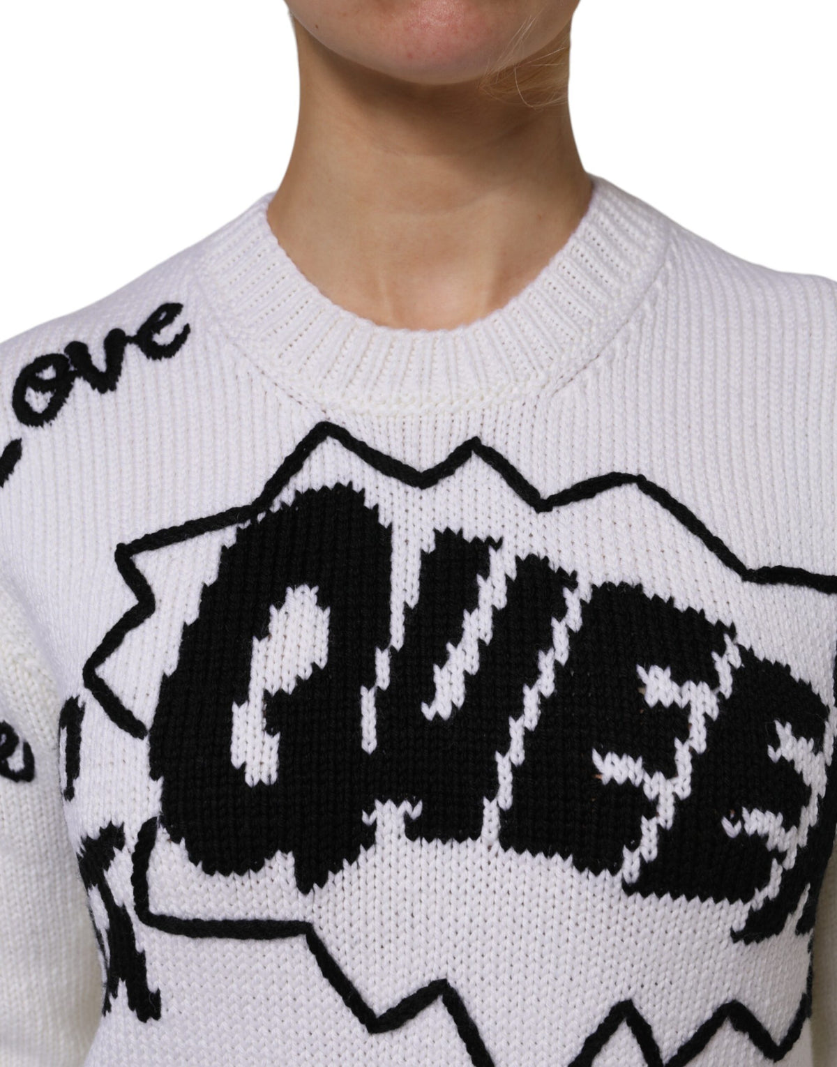 White Wool Knit Crew Neck Pullover Sweater