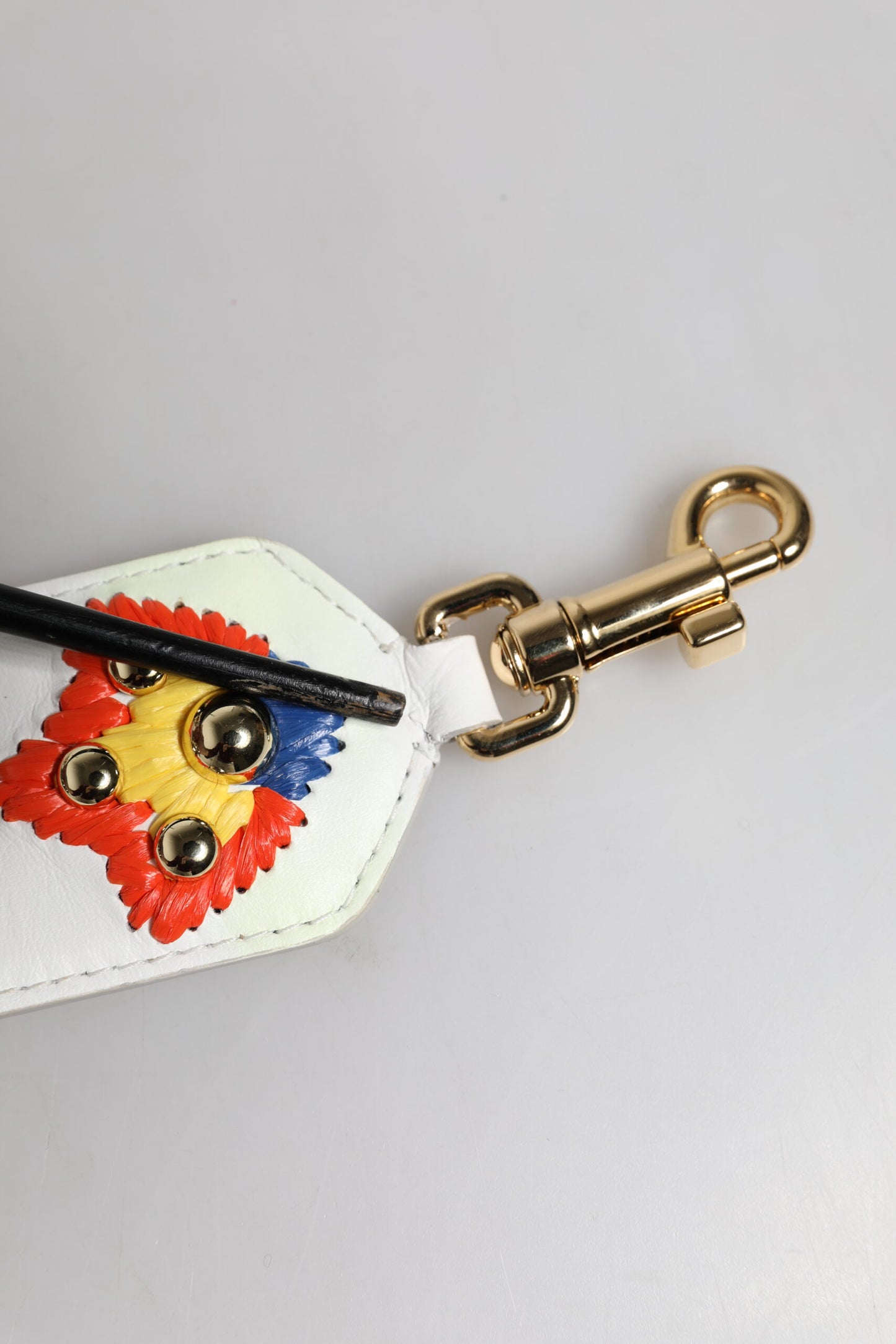 White Calfskin Raffia Embroidered Patchwork Shoulder Strap