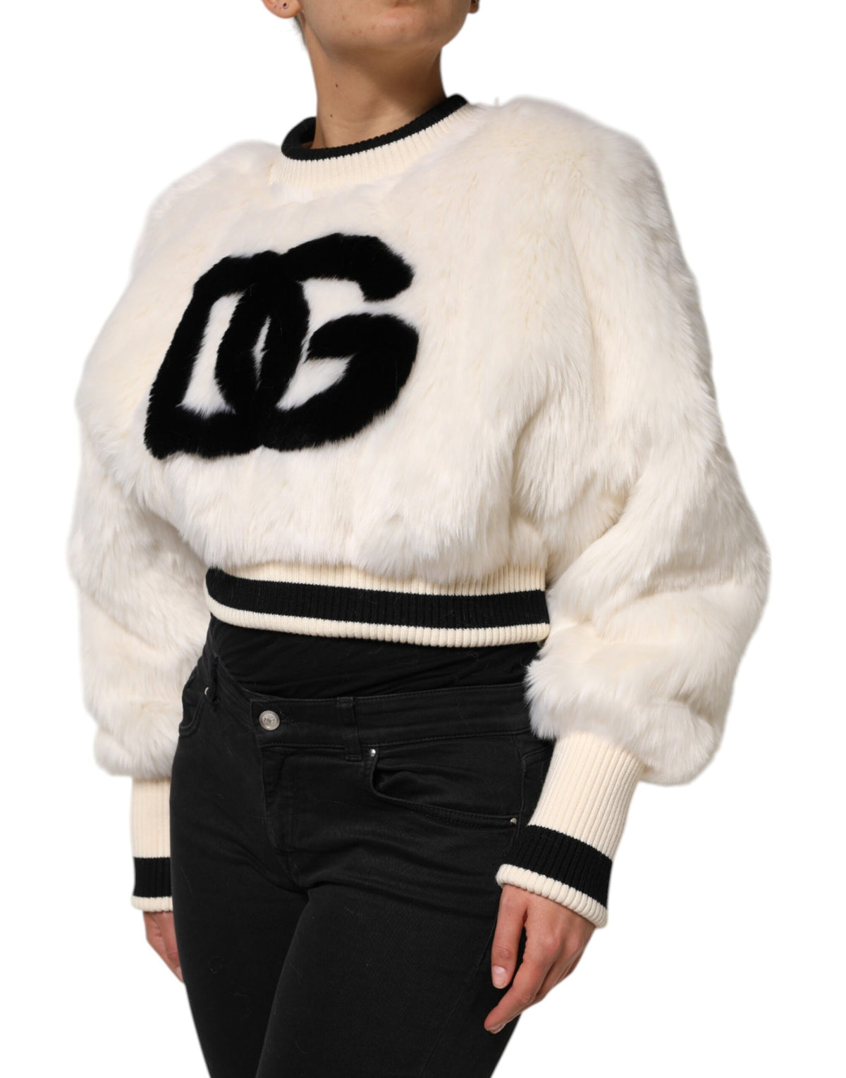 White Cropped Faux Fur DG Sweatshirt Sweater