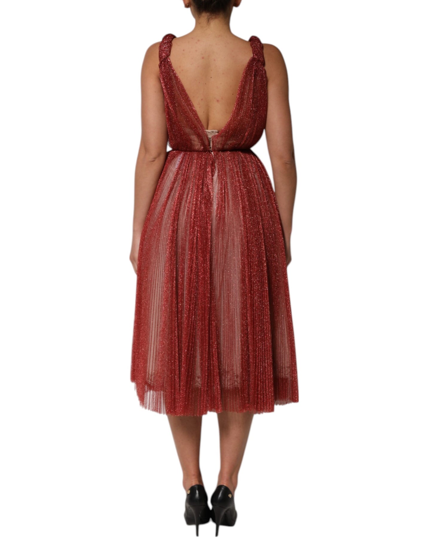 Burgundy Mesh Sleeveless Midi A-line Dress