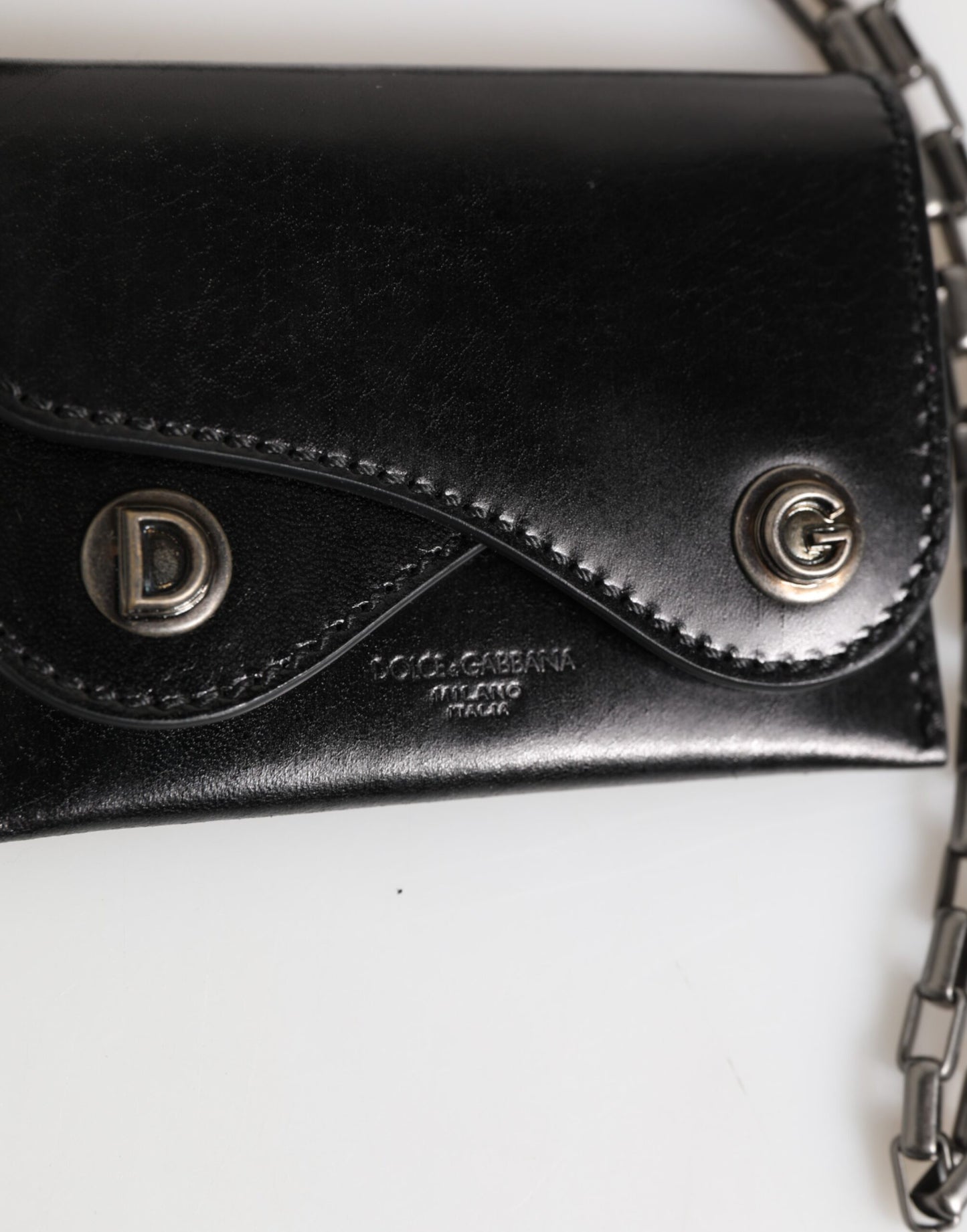Black Cavallo Leather Wallet Chain Snap Bifold Card Holder