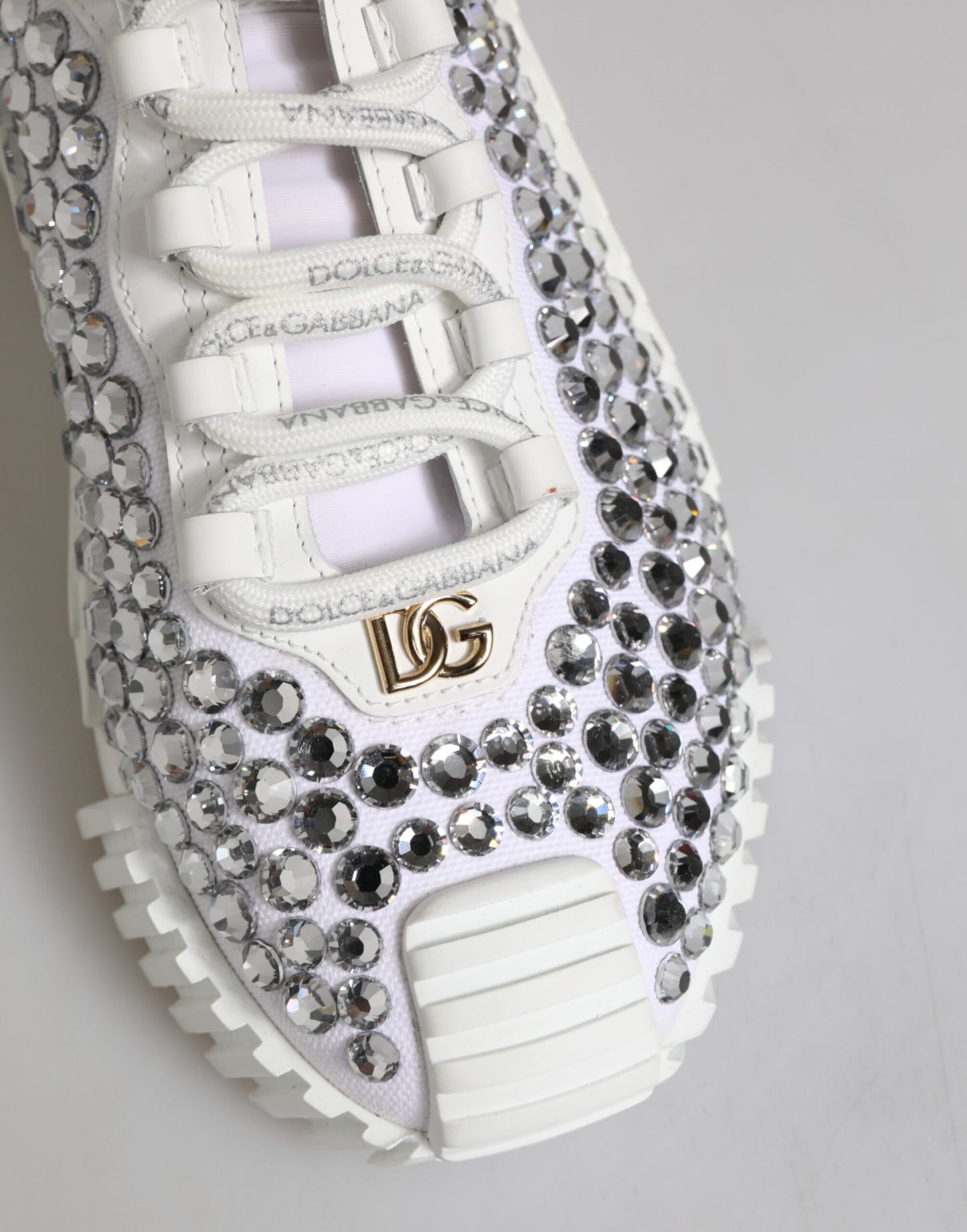 White NS1 Canvas Leather Embellished Sneakers Shoes