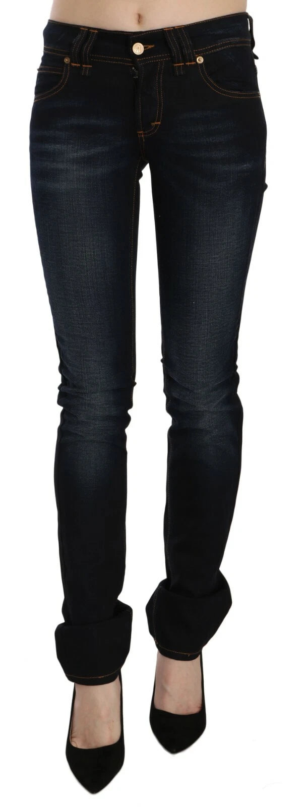 Dark Blue Mid Waist Slim Fit Denim Casual Pants Jeans