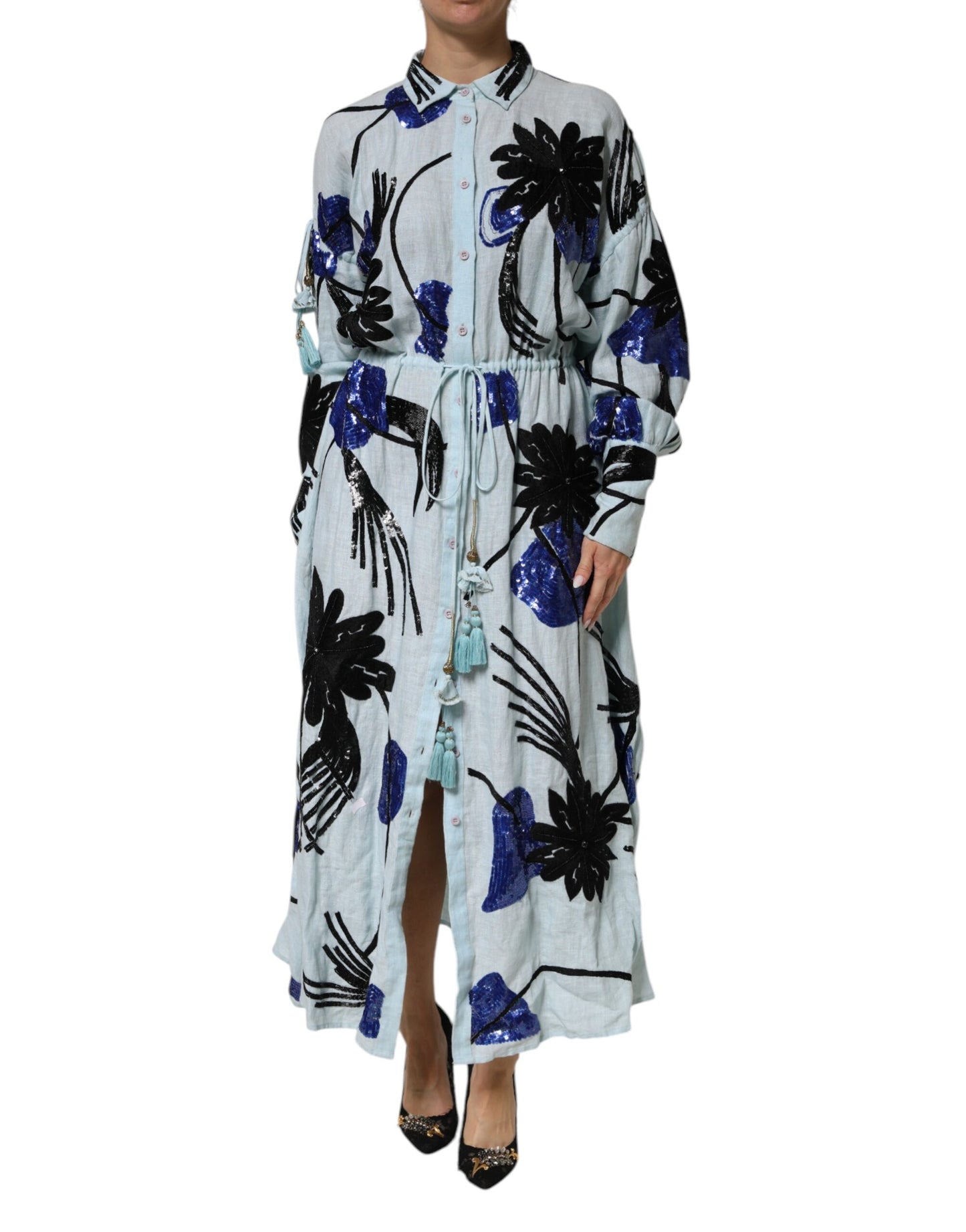 Blue Sequin Embellished Shirt Maxi Dress