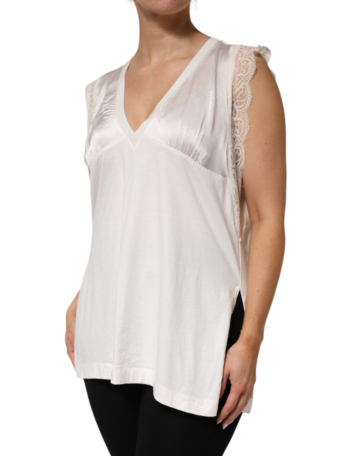 White Silk Blend Lace Trim Sleeveless V-Neck Women’s Top