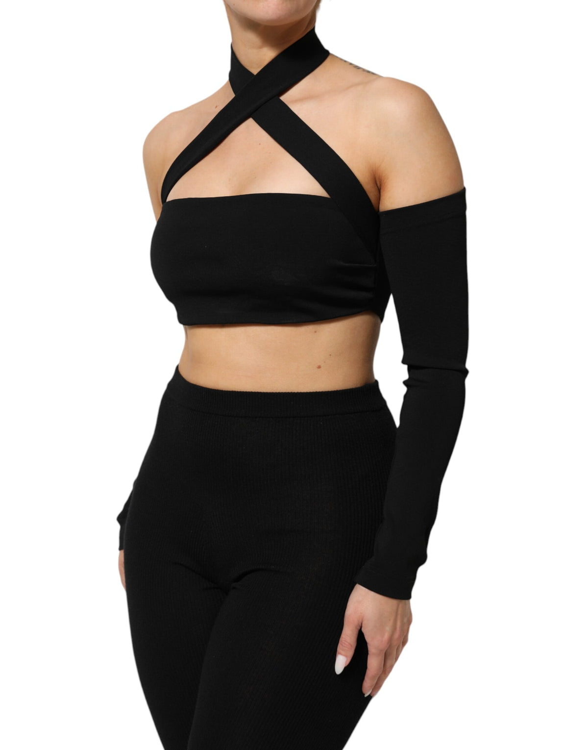 Black Viscose Halter Off Shoulder Cropped Top