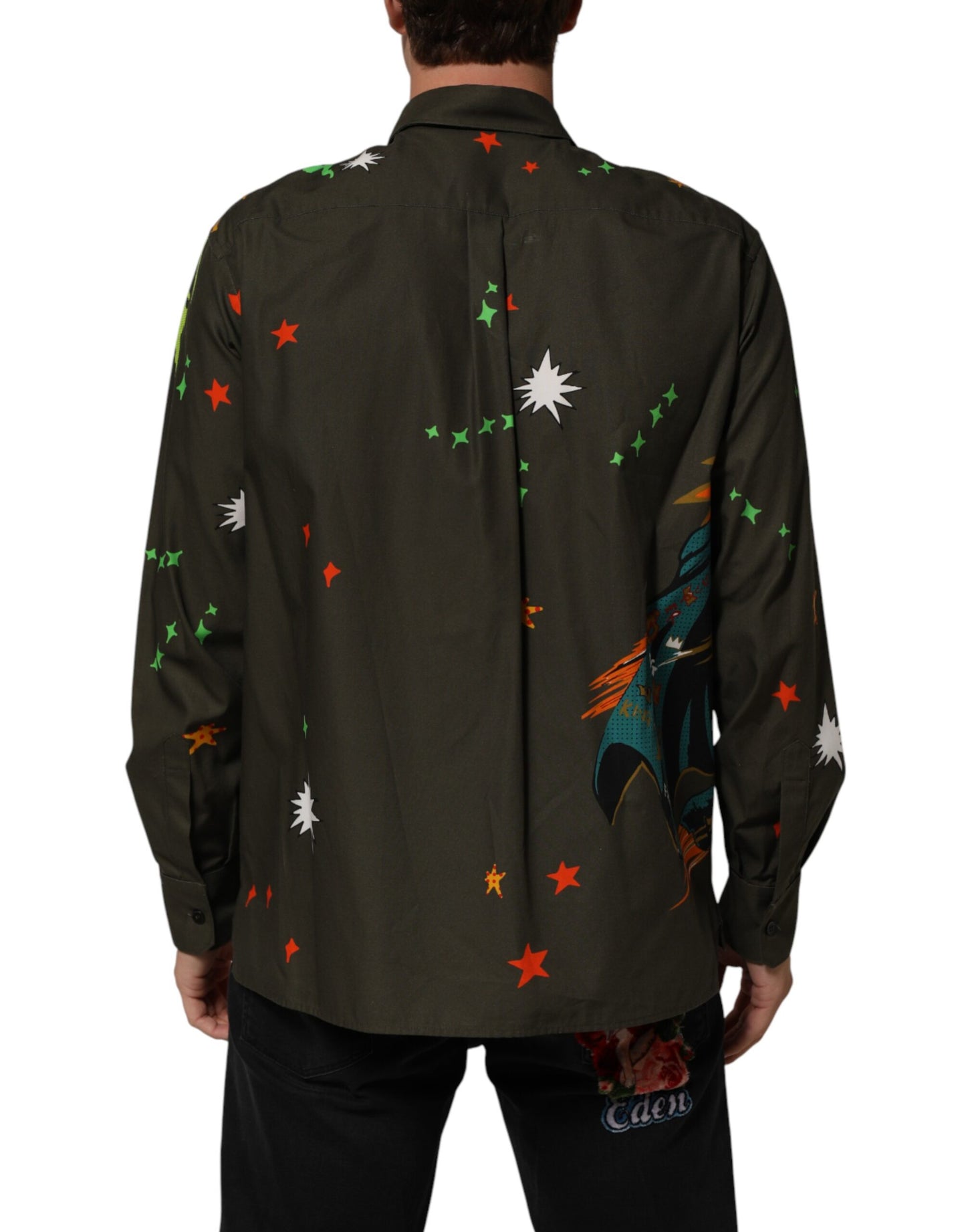 Green Superhero Print Button Down Shirt