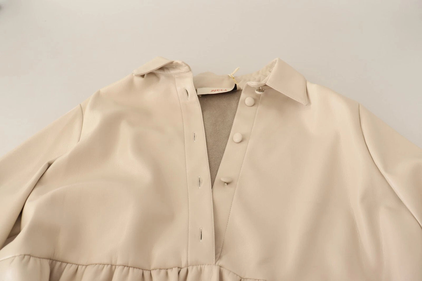 Leather Beige Long Sleeves Collared A-line Mini Dress