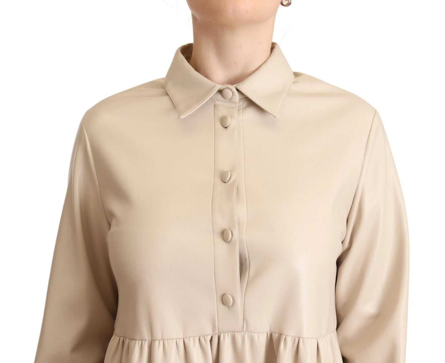 Leather Beige Long Sleeves Collared A-line Mini Dress