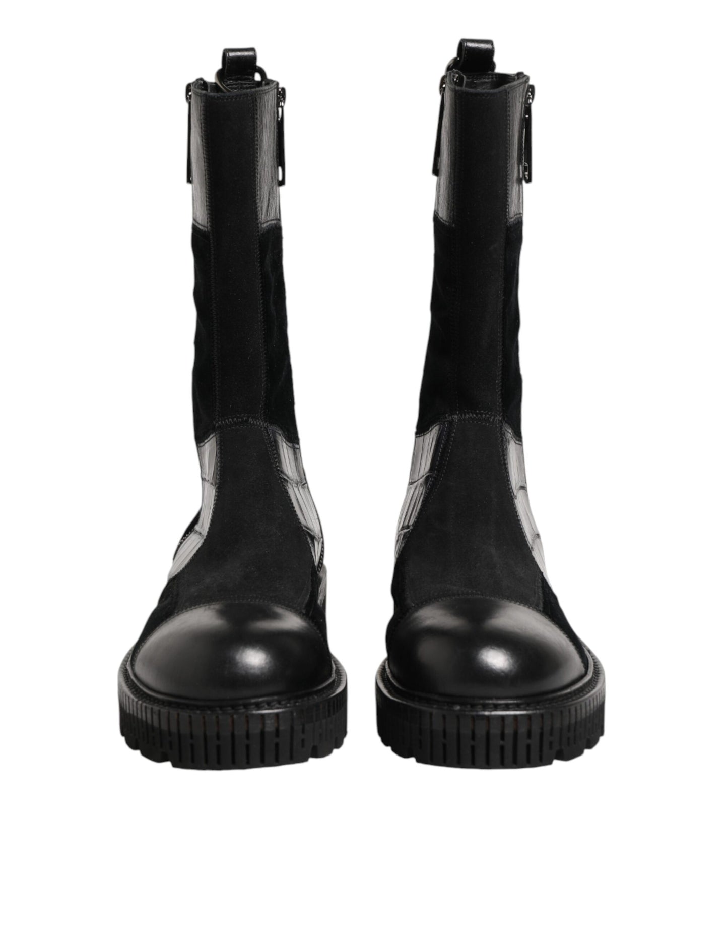 Black Patchwork Leather Mid Calf Boot Shoes