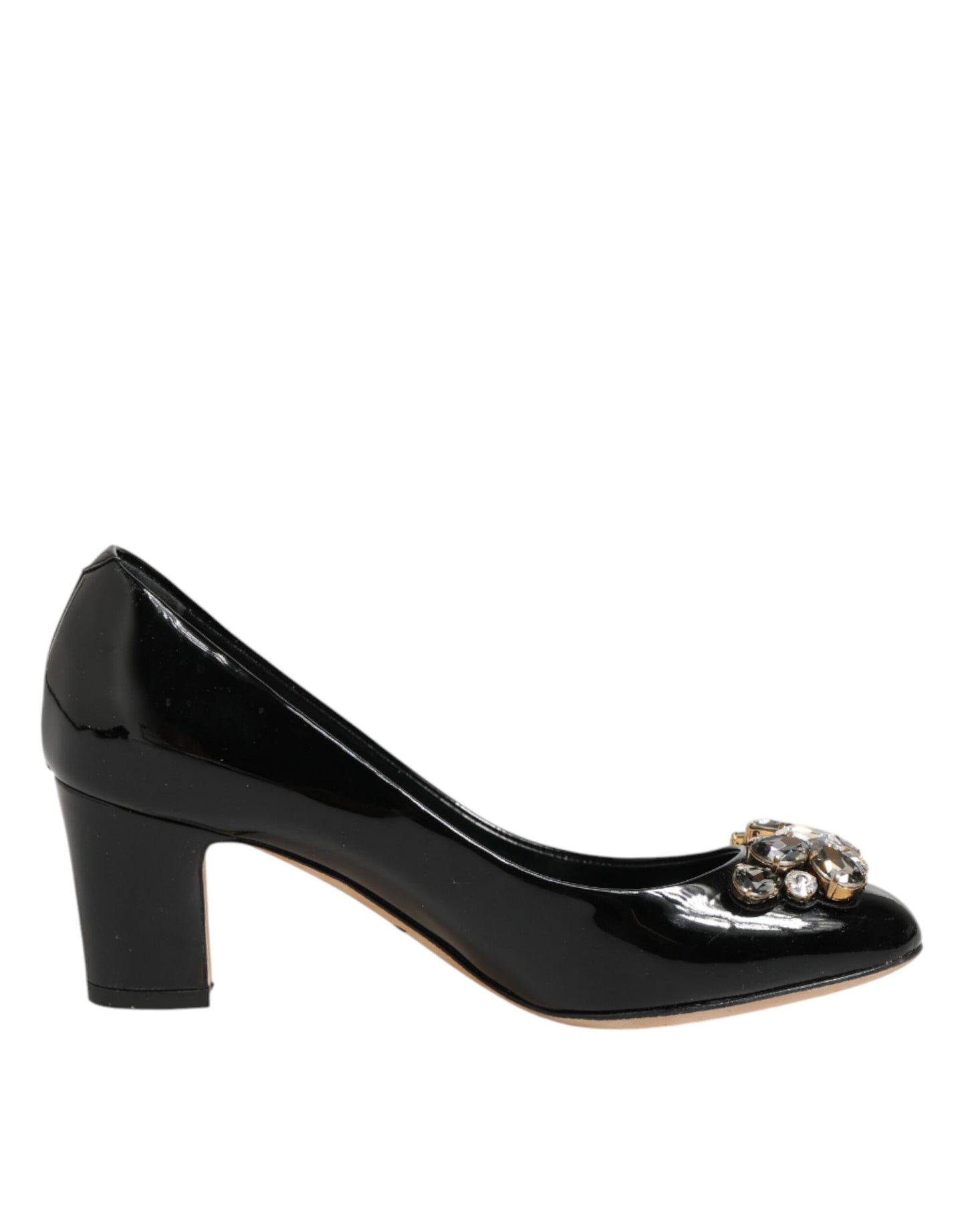 Black Leather Crystals Heels Pumps Shoes