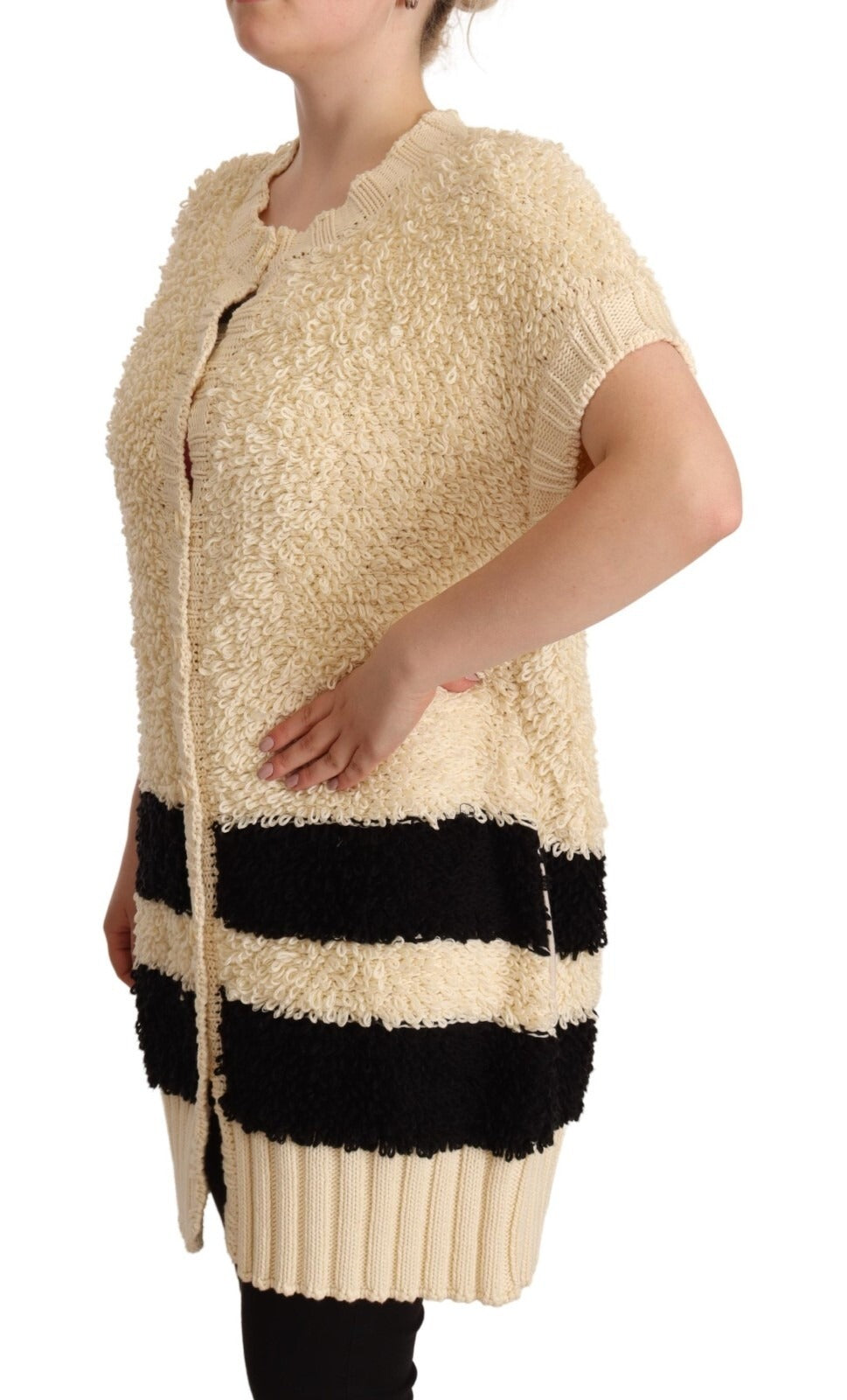 Beige Black Short Sleeve Button Cardigan Sweater
