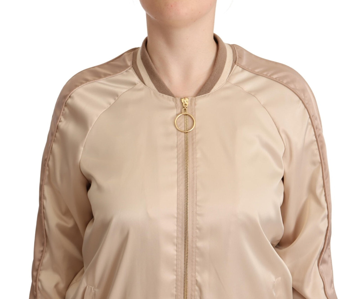 Bomber Full Zip Beige Long Sleeves Polyester Jacket