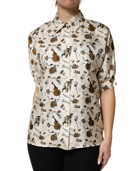 Beige Musical Instrument Print Short Sleeve Top