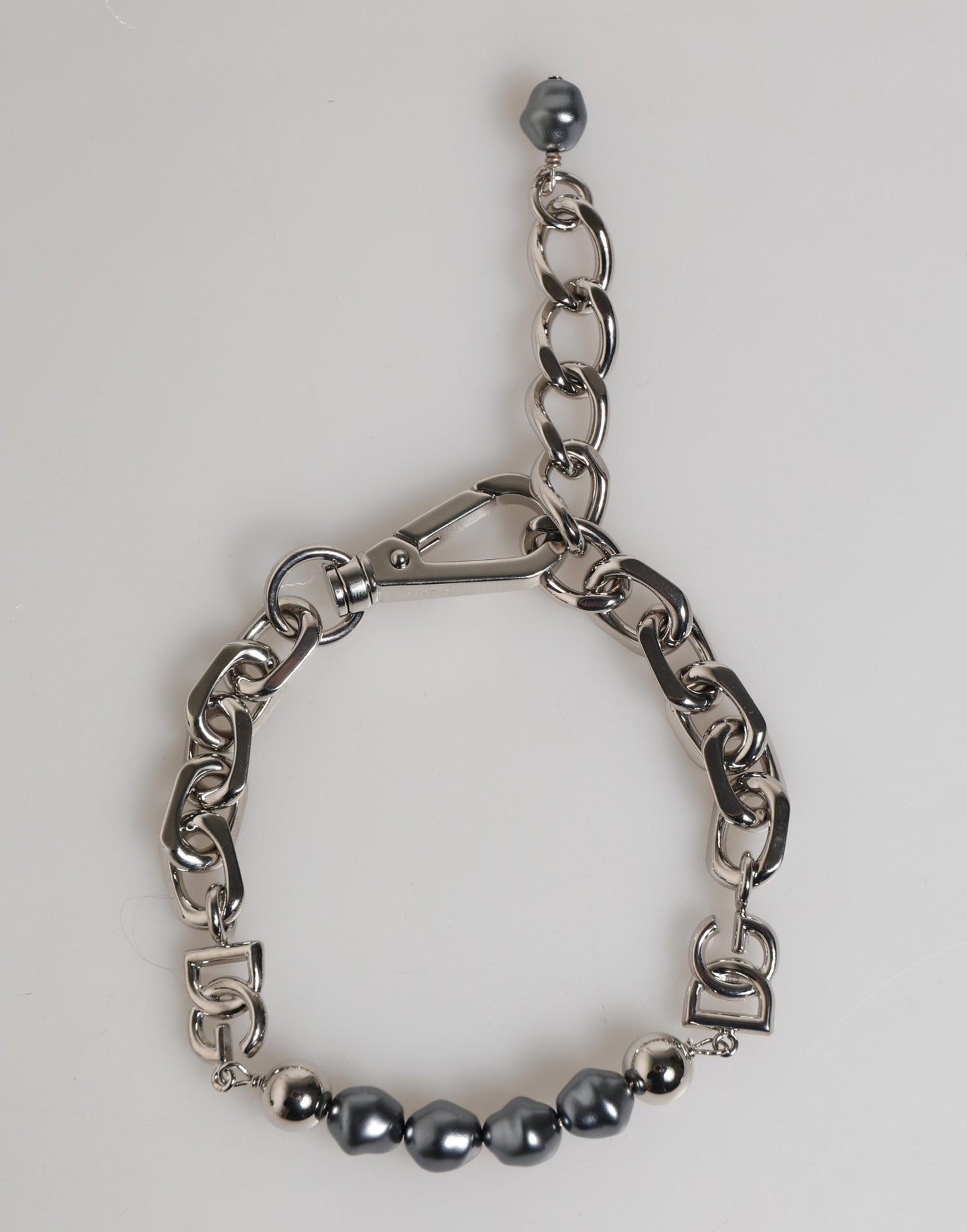 Silver Tone Chain Lobster Clasp Logo Gray Pearls Bracelet