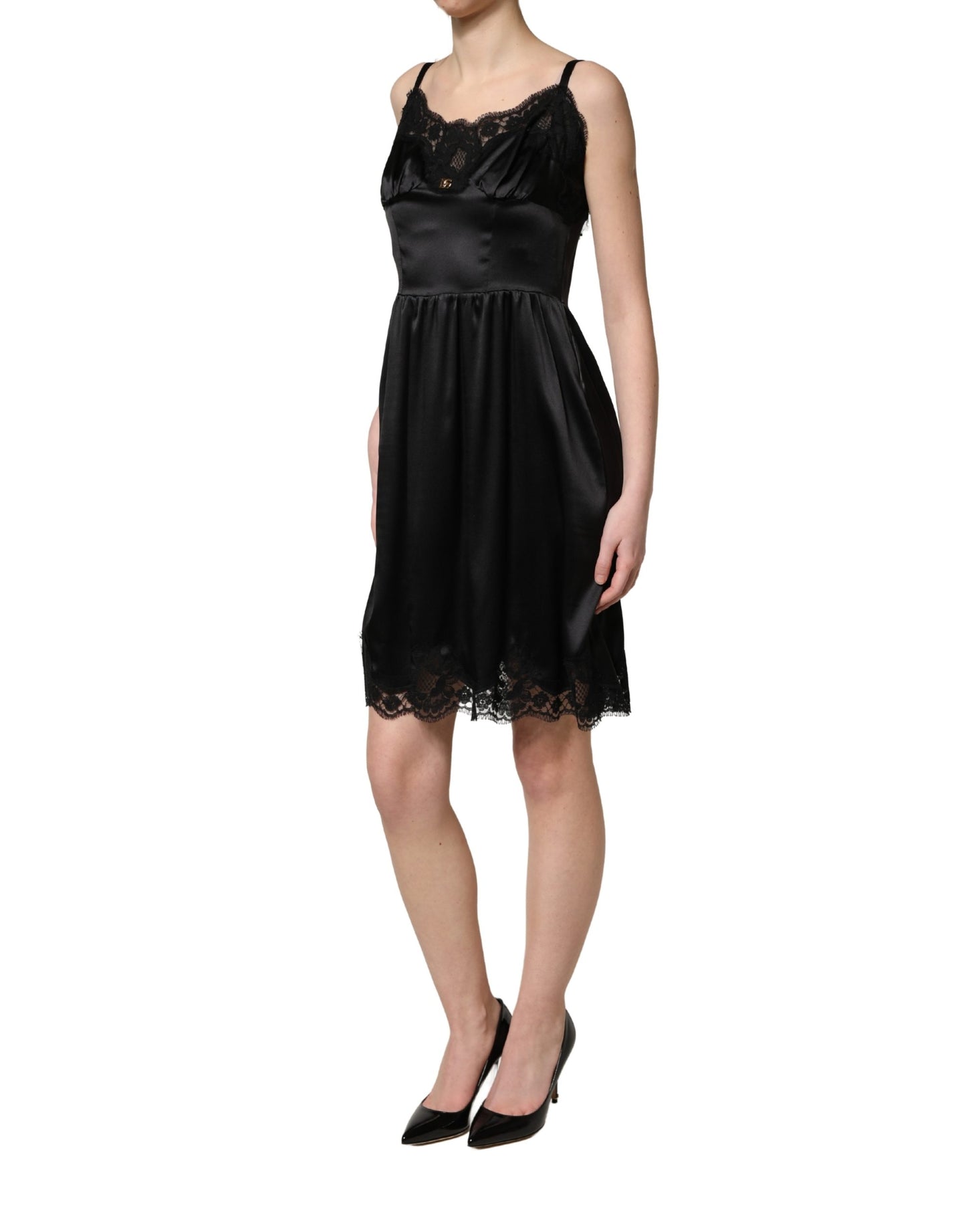 Black Silk Satin Lace Sleeveless Mini Dress