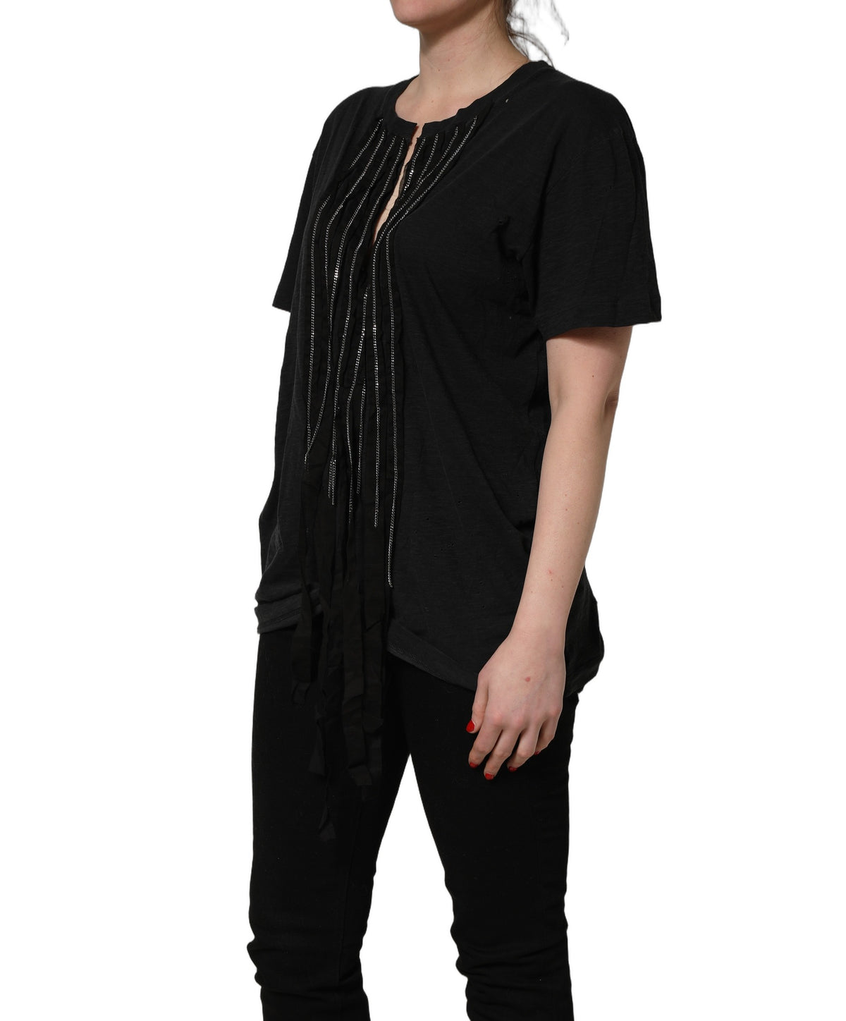 Black Chain Embellished Cotton Short Sleeve T-shirt