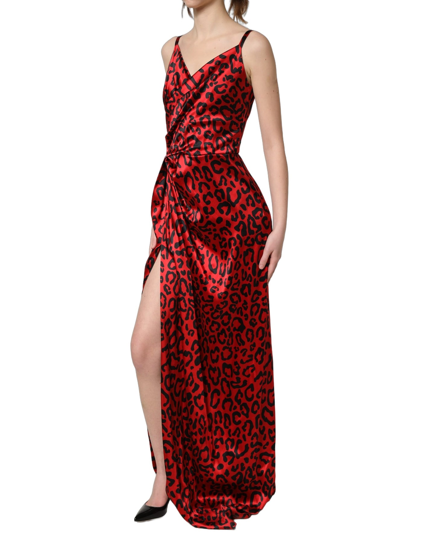 Red Leopard Draped Sleeveless Maxi Dress