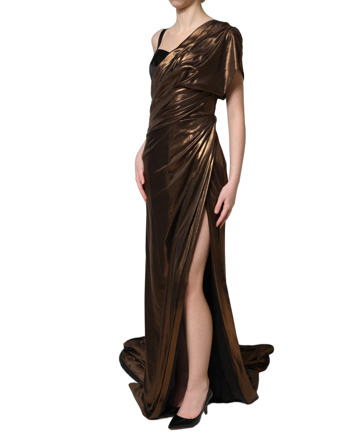 Bronze Asymmetrical Draping OneShoulder Dress