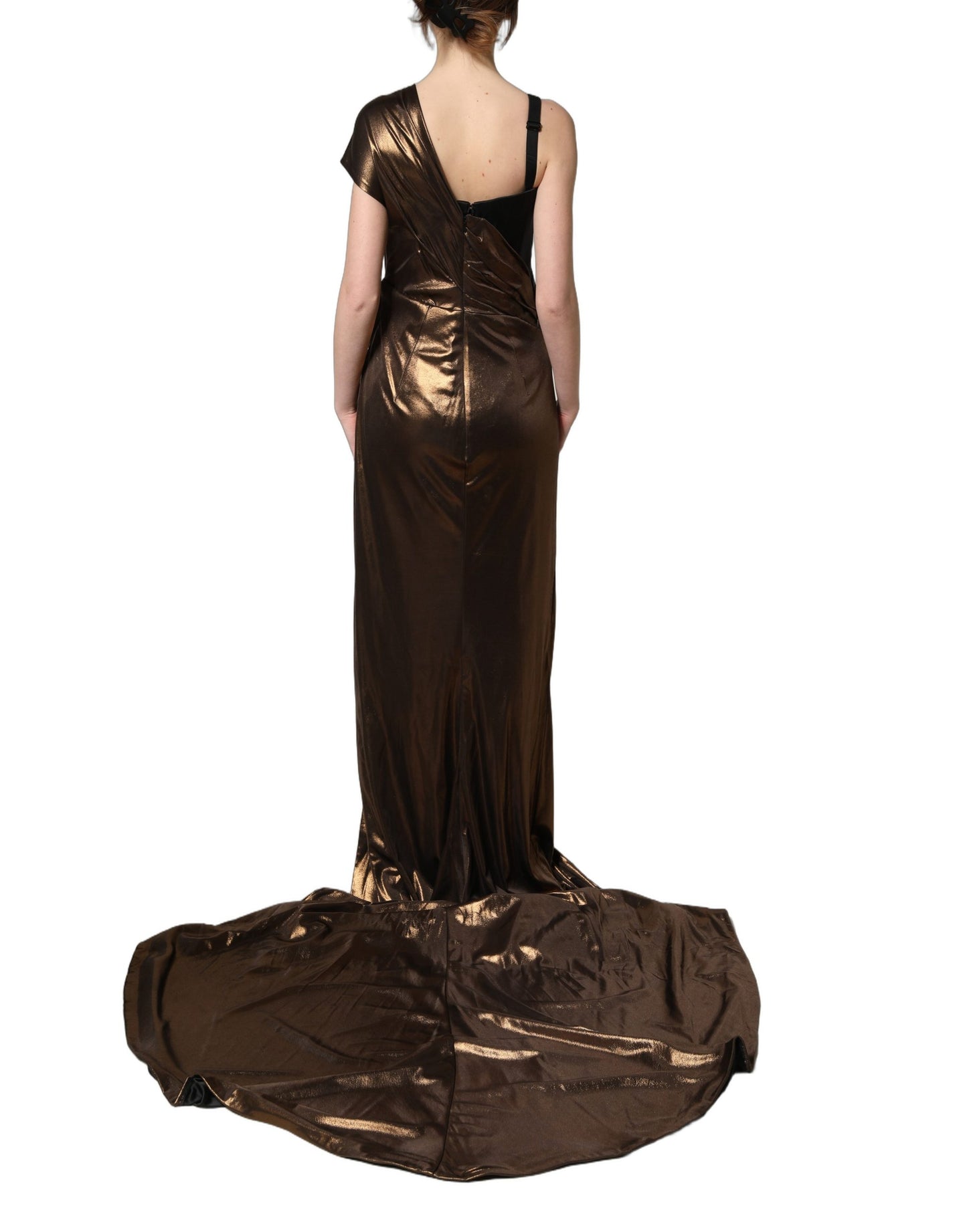 Bronze Asymmetrical Draping OneShoulder Dress