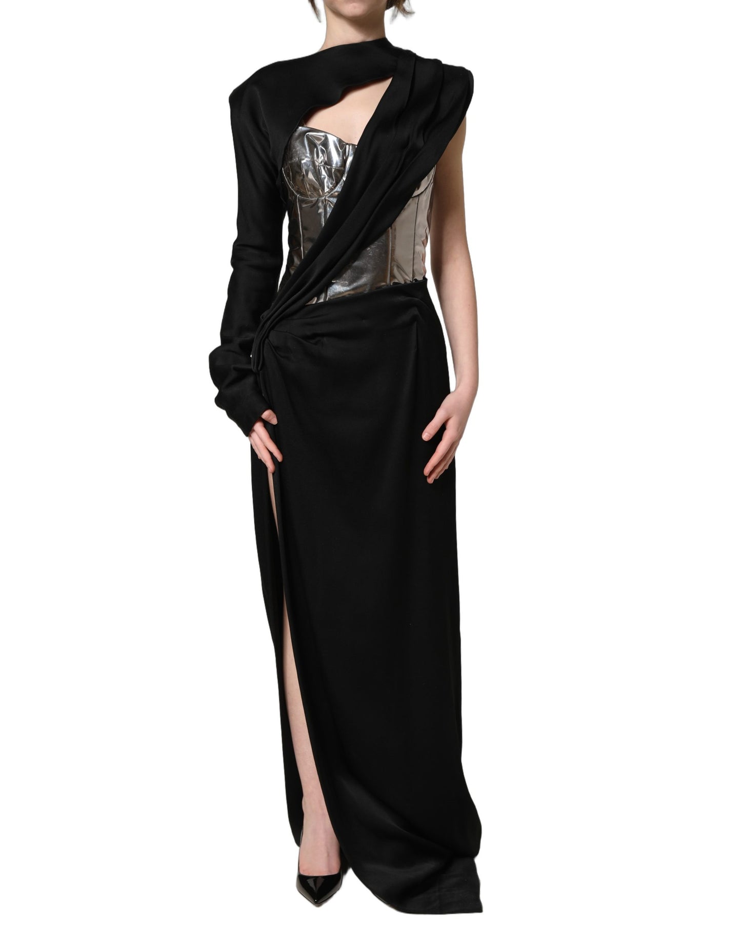 Black Silver OneShoulder Cocktail Gown Dress