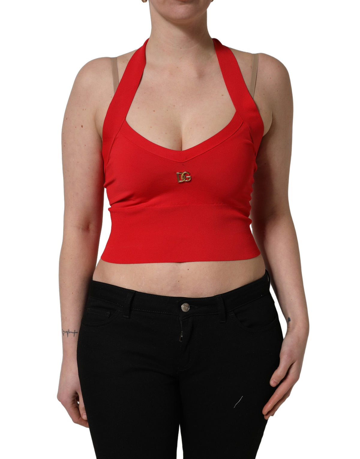 Red Viscose Sleeveless Halter Crop Tank Top