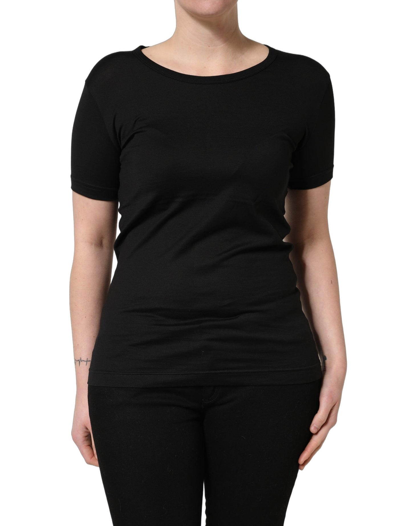 Black Cotton Round Neck Short Sleeves T-Shirt