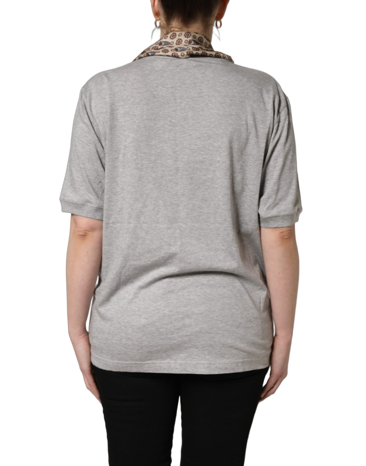 Gray Cotton V-neck Owl Silk Scarf Top T-shirt