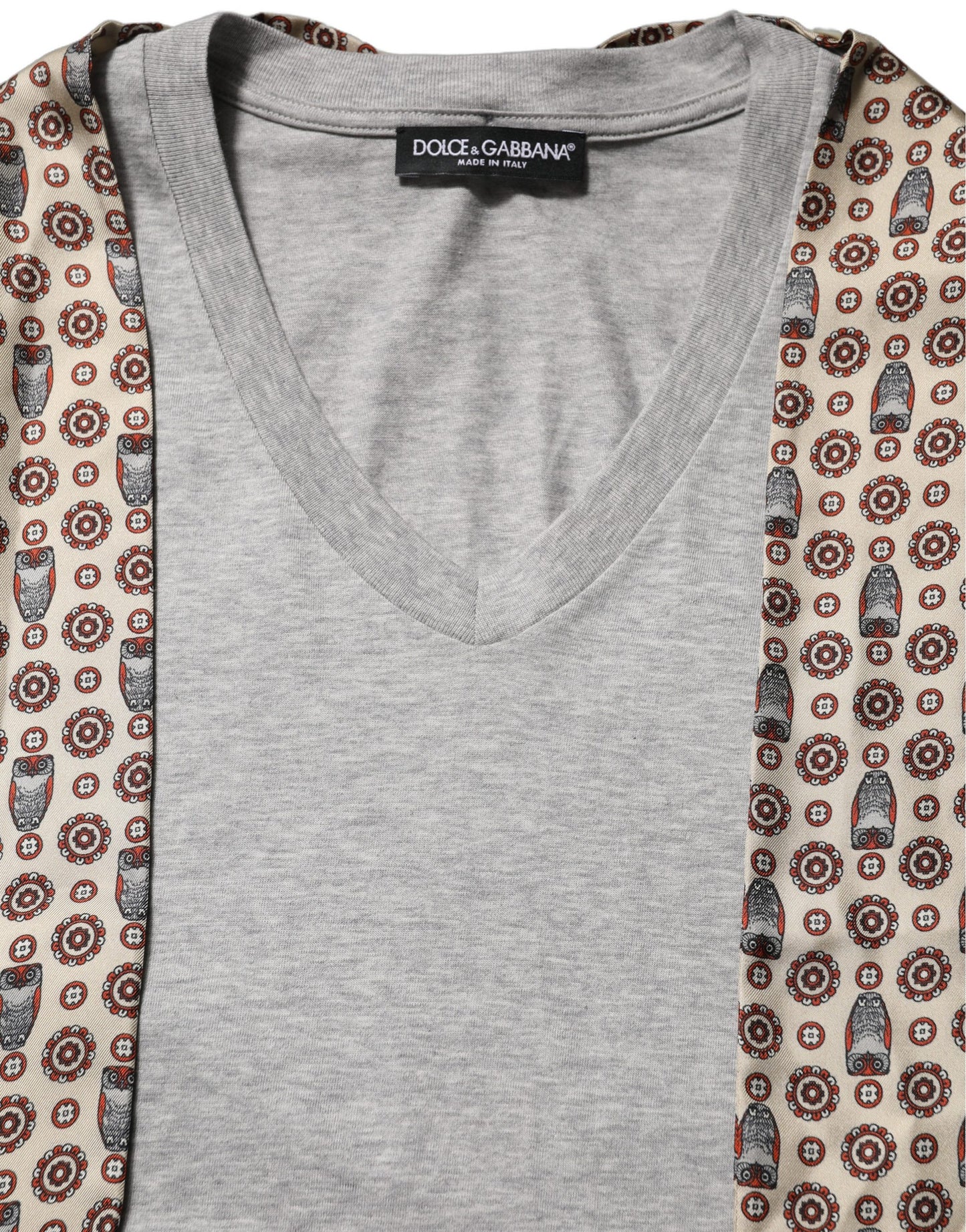 Gray Cotton V-neck Owl Silk Scarf Top T-shirt