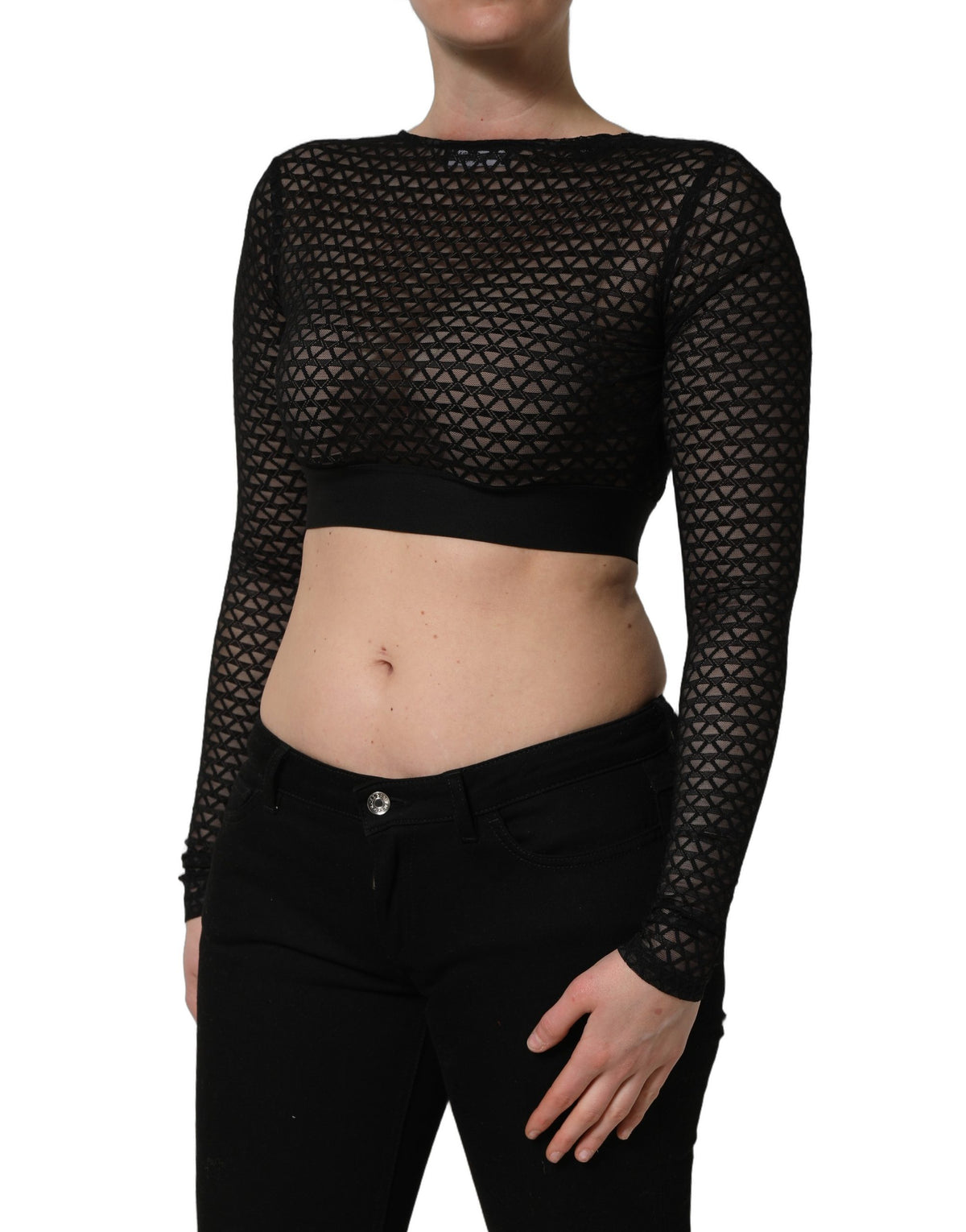 Black Nylon Fishnet Long Sleeve Cropped Top