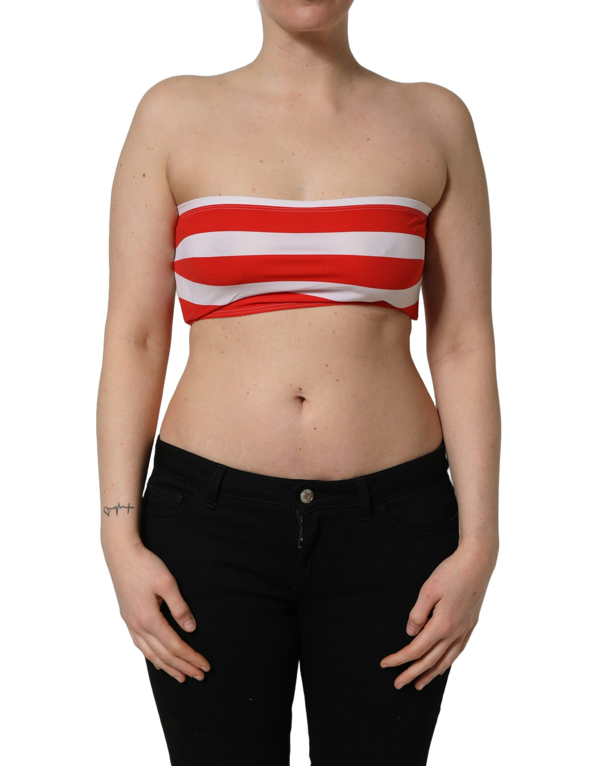 White Red Nylon Striped Ribbed Tube Crop Top