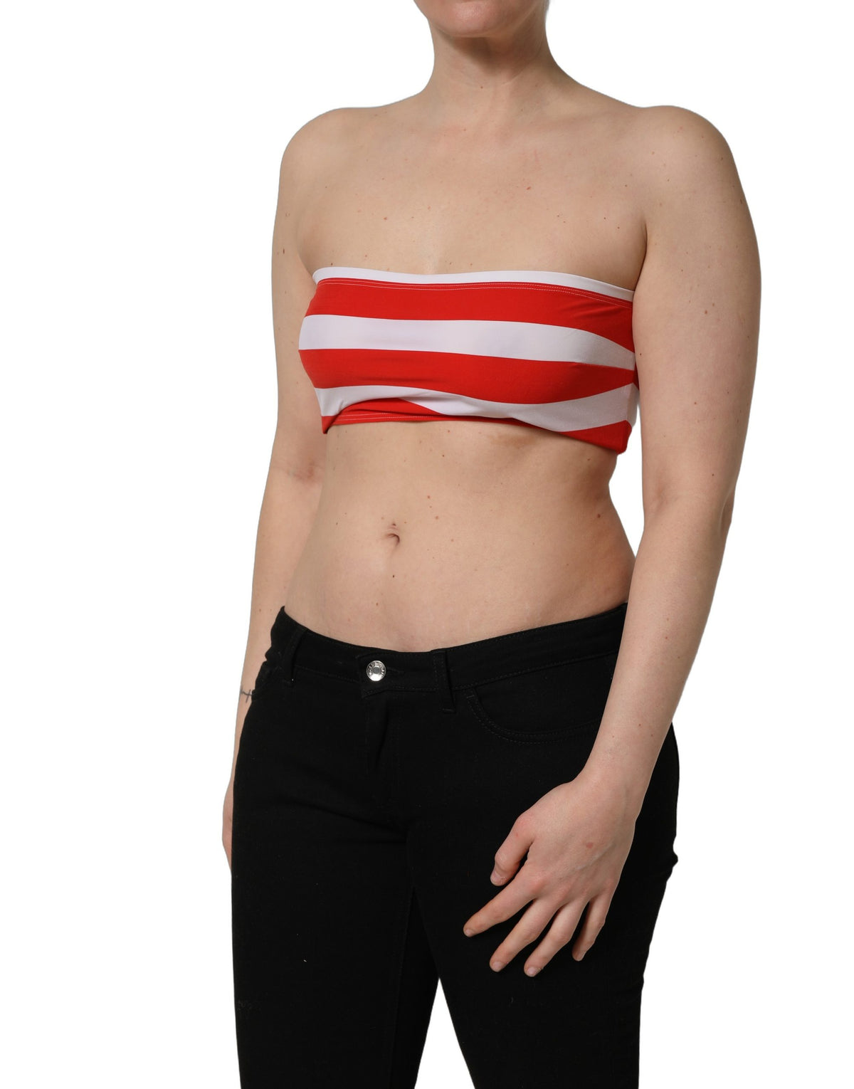 White Red Nylon Striped Ribbed Tube Crop Top