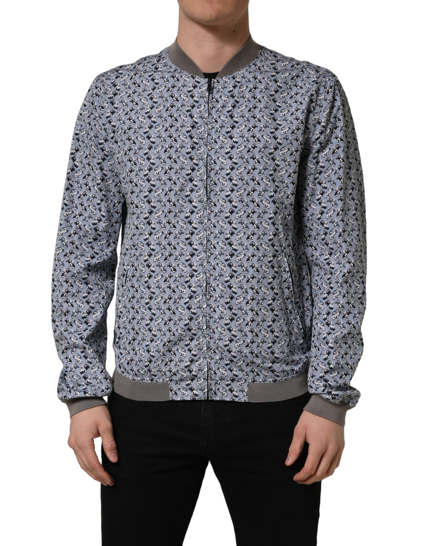 Light Blue Cotton Car Print Bomber Jacket
