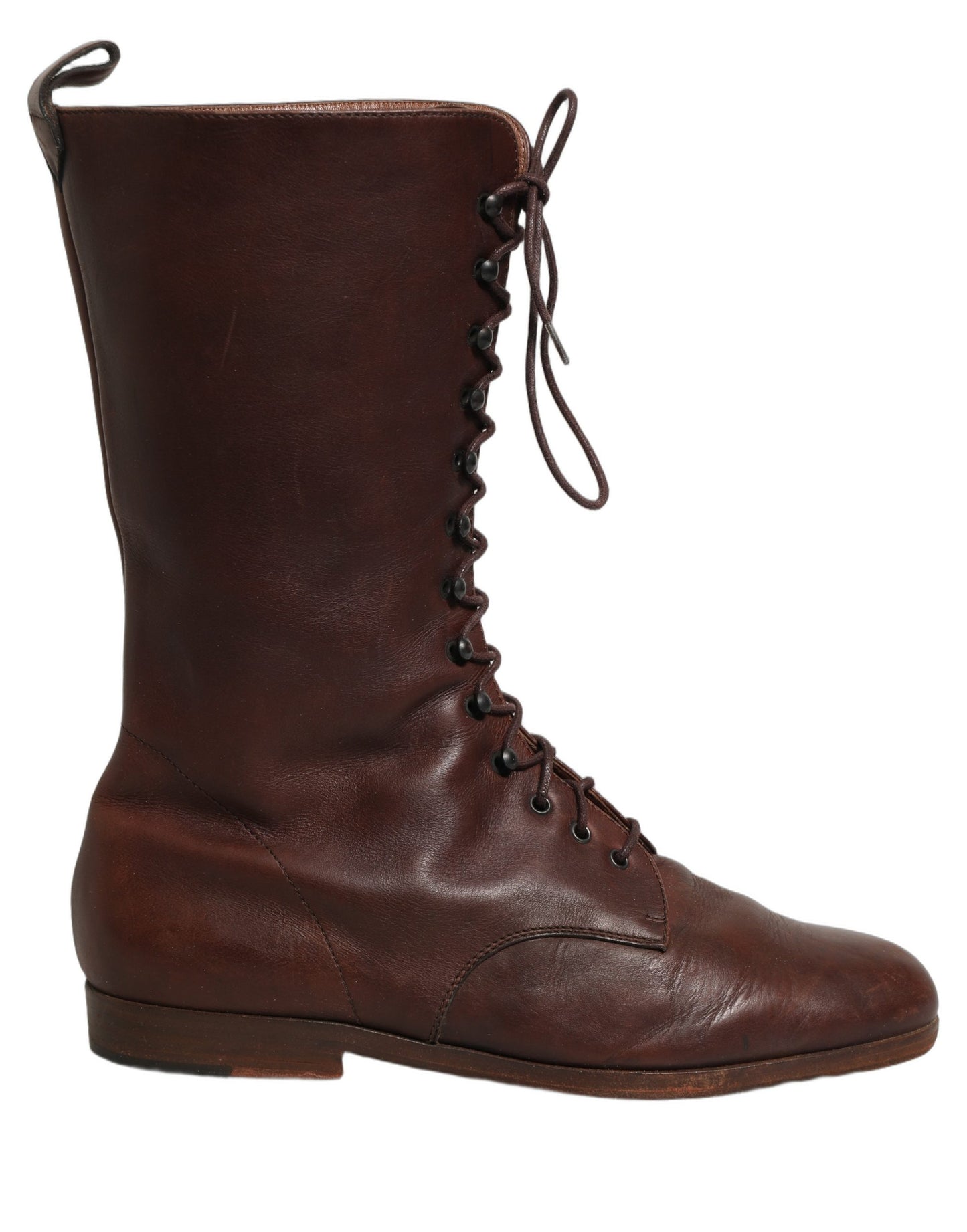 Brown Leather Lace Up Mid Calf Boots Shoes