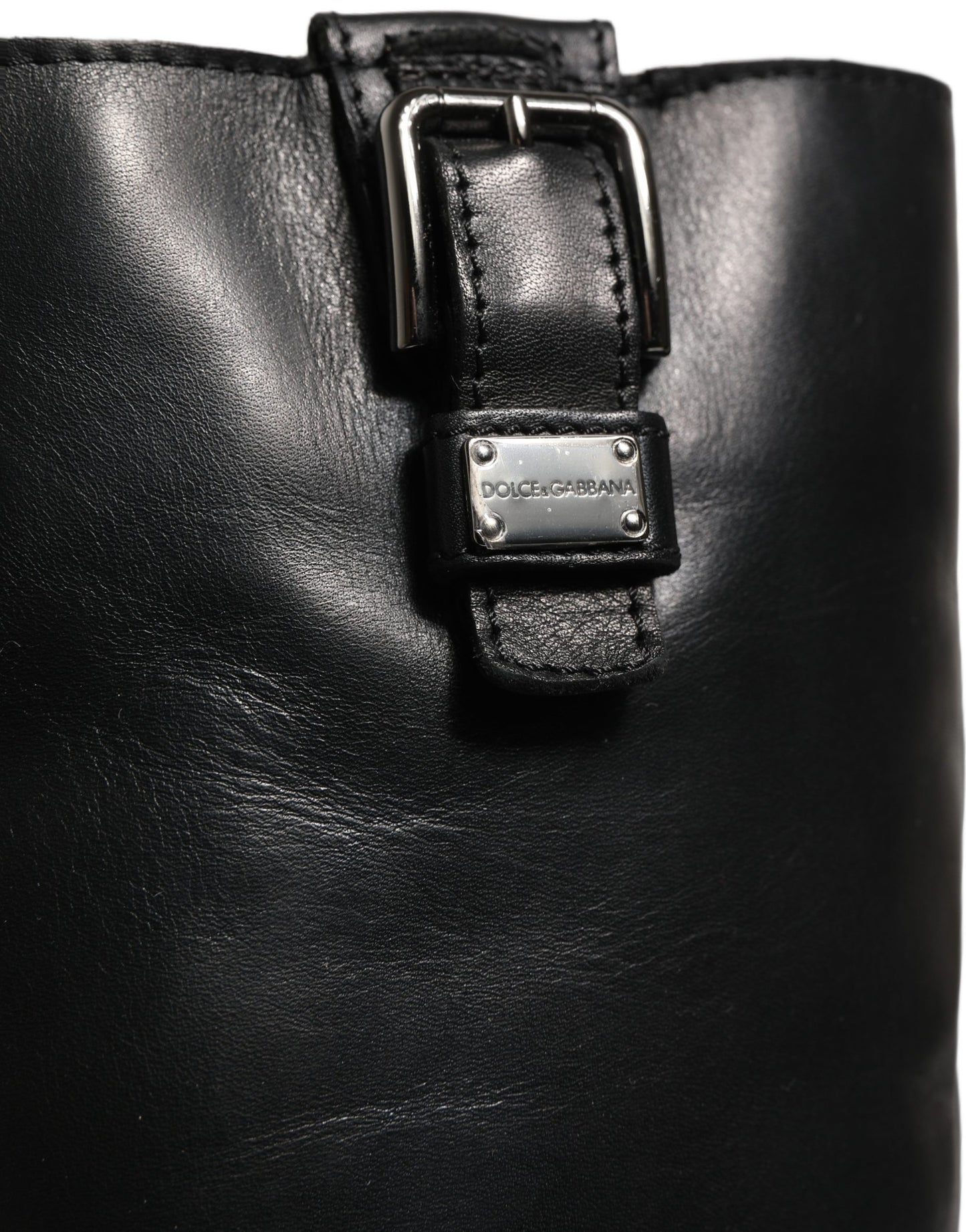 Black Leather Buckle Detail Mid Calf Boots Shoes