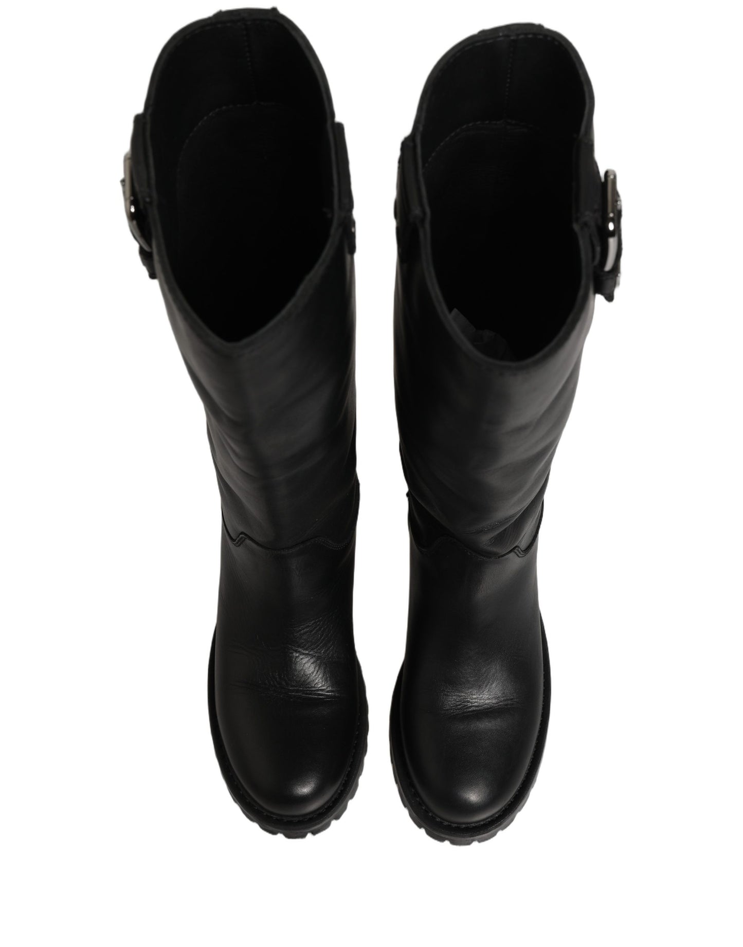 Black Leather Buckle Detail Mid Calf Boots Shoes