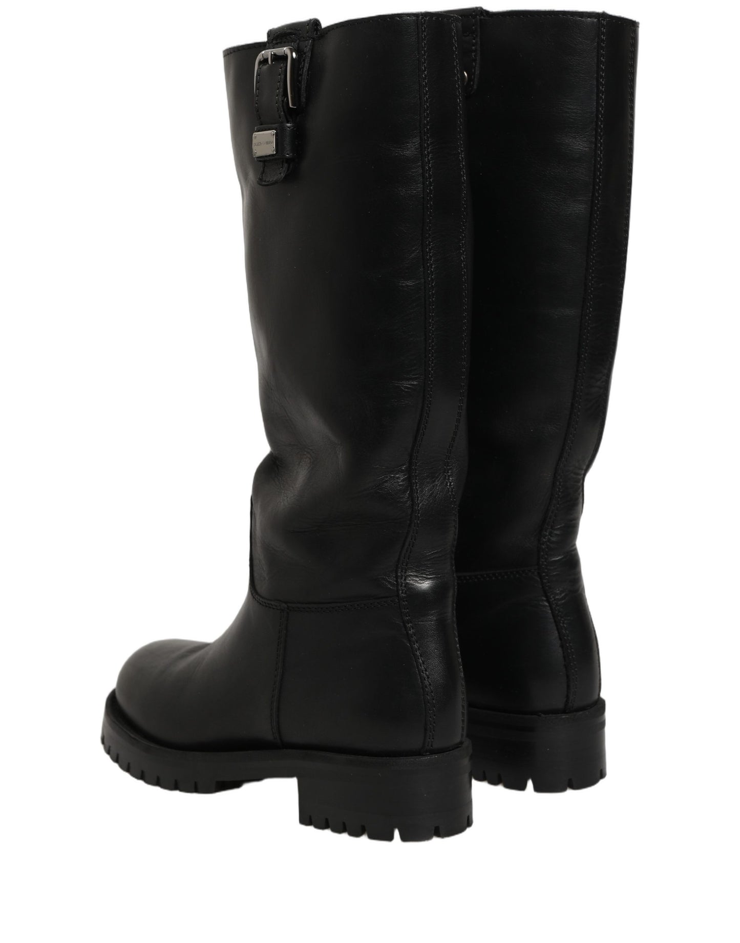Black Leather Buckle Detail Mid Calf Boots Shoes